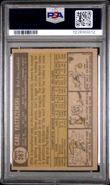 Graded 1961 Topps Carl Yastrzemski #287 Star Rookie 2nd Year Baseball Card PSA 5 Excellent