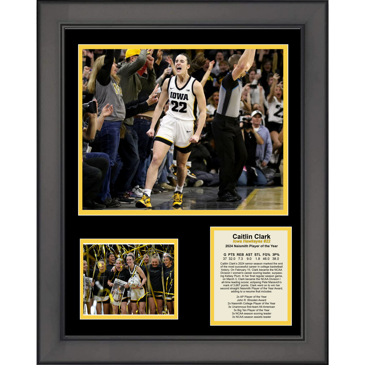Framed Caitlin Clark 2024 Naismith Player of the Year Scoring Leader NCAA College Basketball 11"x14" Three Photo Collage