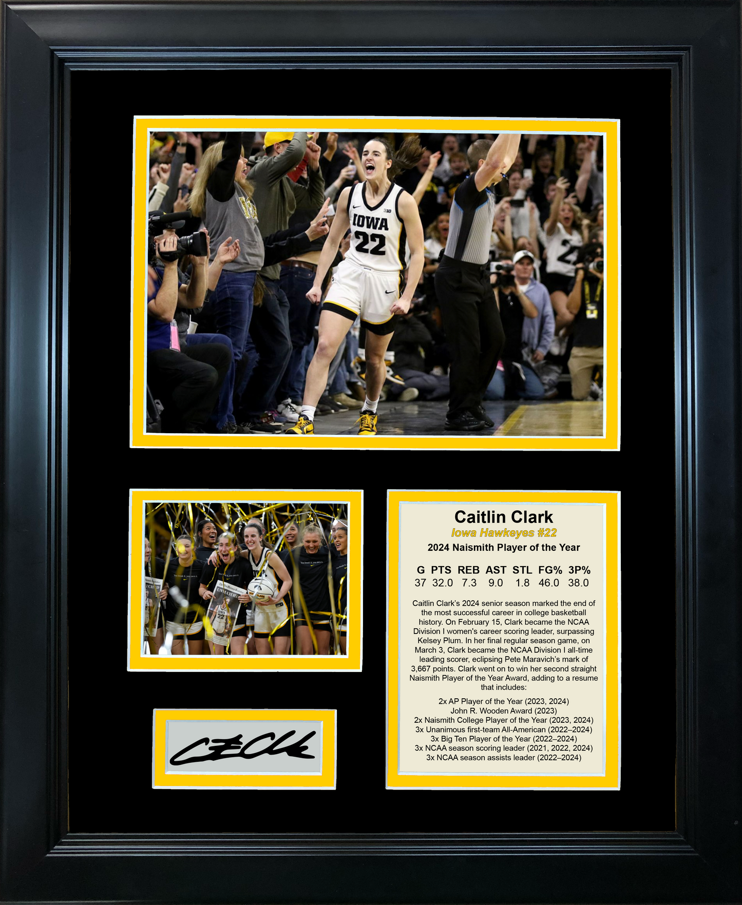 Framed Caitlin Clark 2024 Naismith Player of the Year Scoring Leader Facsimile Laser Engraved Signature Auto NCAA College Basketball 11"x14"Photo Sig Collage