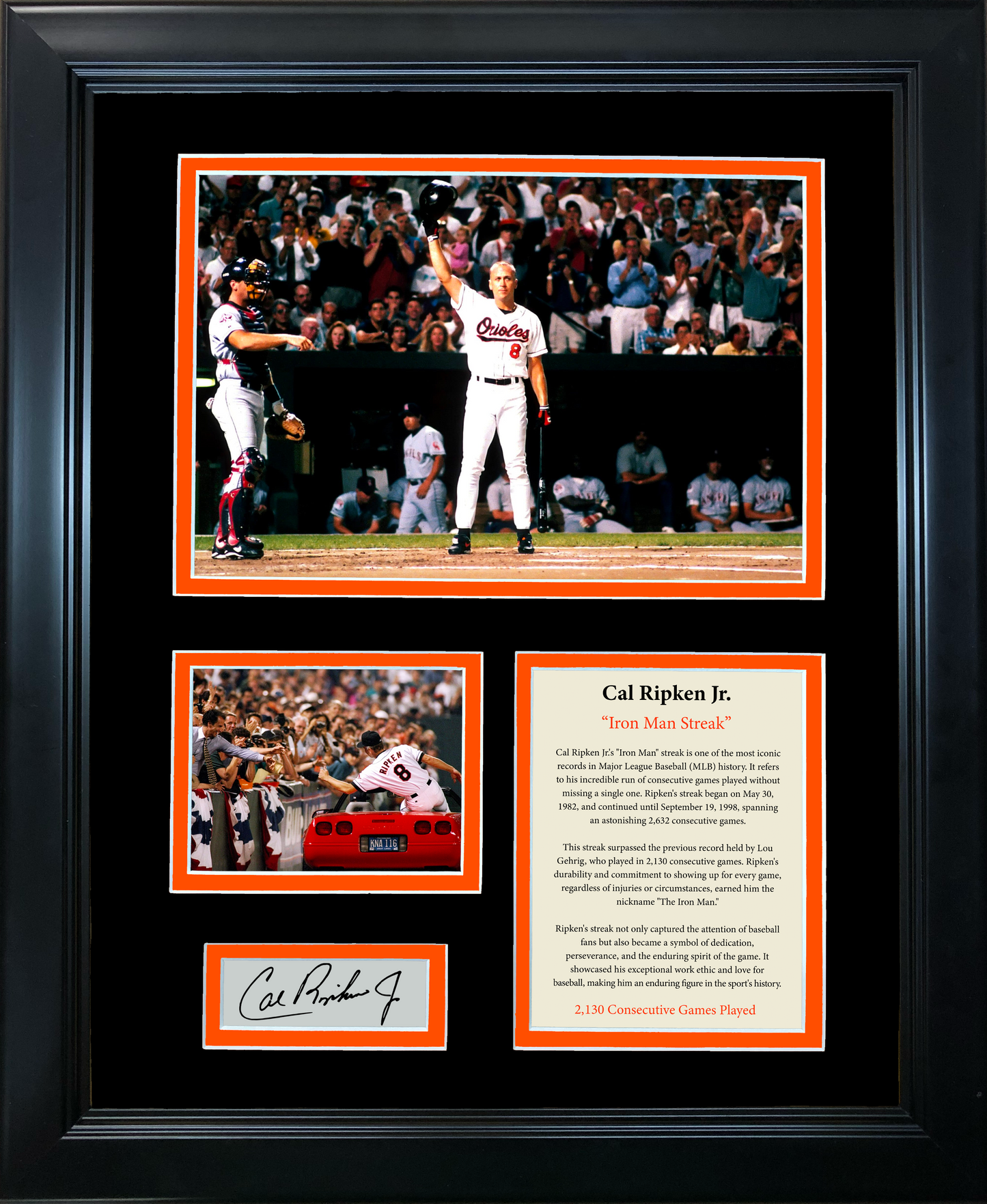 Framed Cal Ripken Jr. Iron Man Streak 2,632 Consecutive Games Facsimile Laser Engraved Signature Auto Baltimore Orioles 11"x14" Baseball Photo Sig Collage