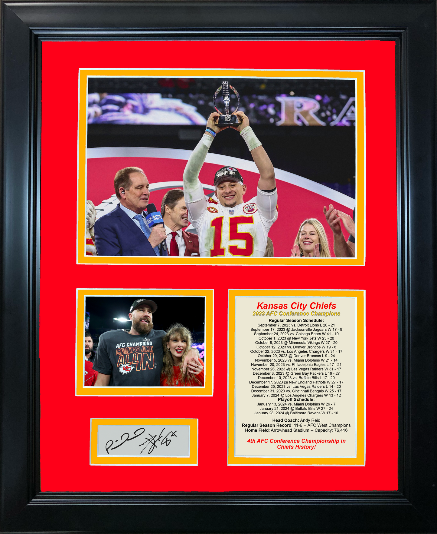 Framed 2023 Kansas City Chiefs AFC Champions Patrick Mahomes Travis Kelce Facsimile Laser Engraved Signatures Auto Football 11"x14" Photo Sig Collage