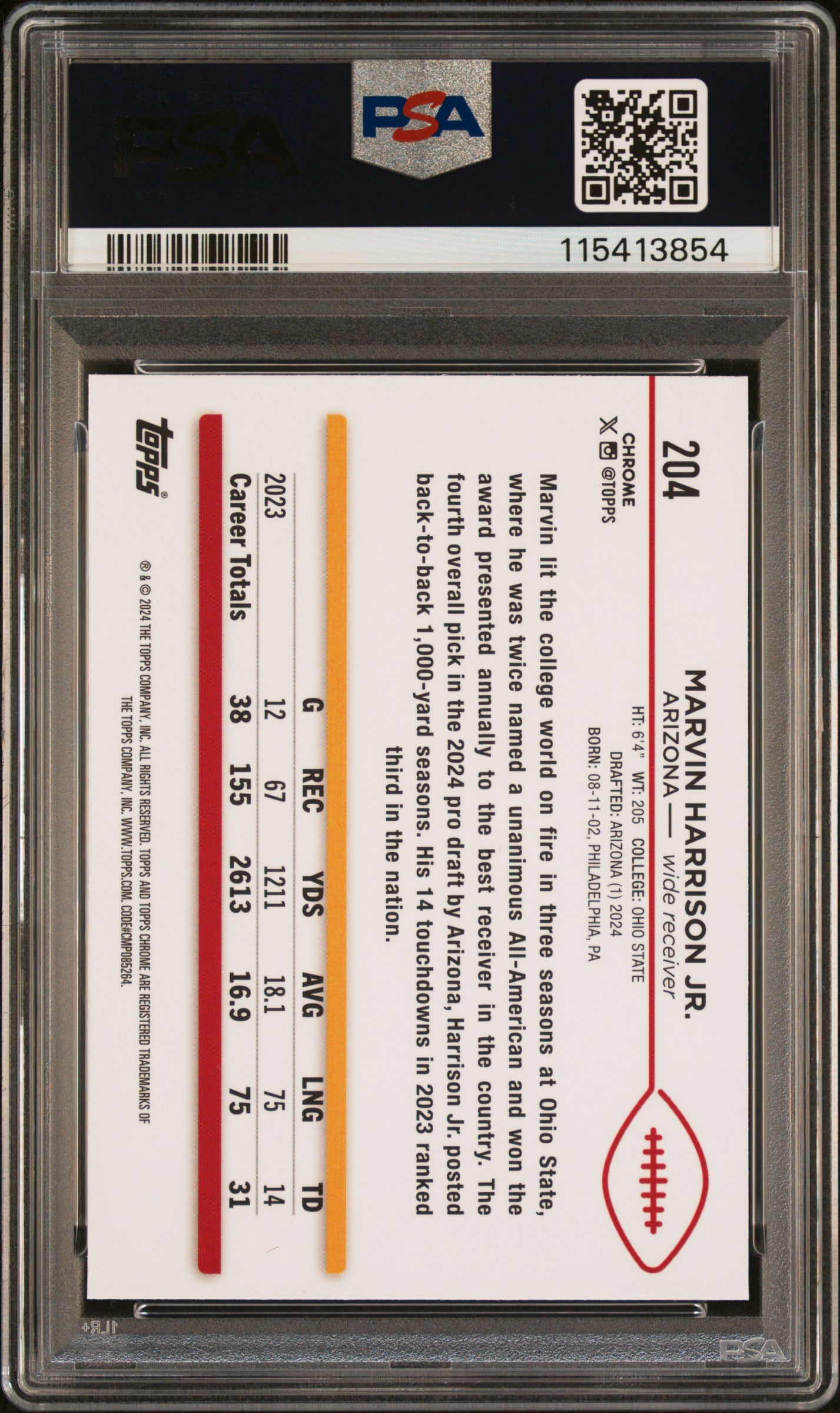Graded 2024 Topps Chrome Marvin Harrison Jr #204 Rookie RC Football Card PSA 9 Mint