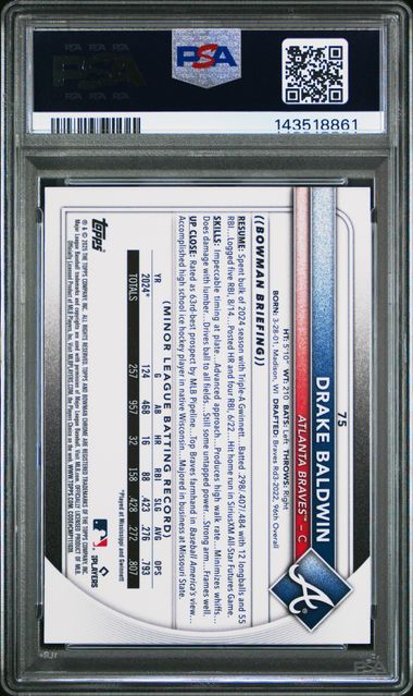 Graded 2025 Topps Bowman Chrome Mega Box Drake Baldwin #75 Rookie RC Baseball Card PSA 10 Gem Mint