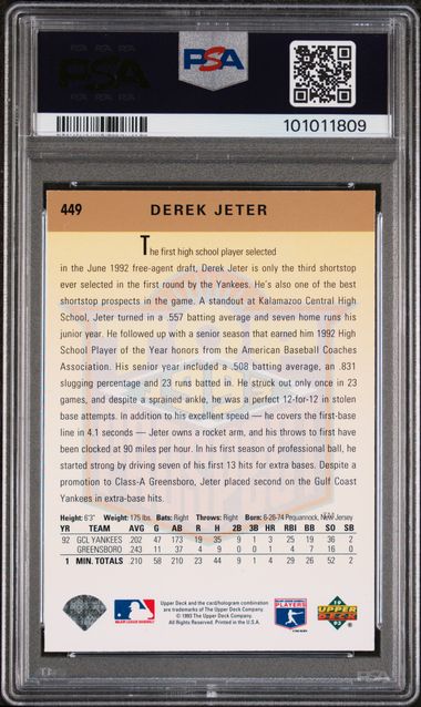 Graded 1993 Upper Deck Derek Jeter #449 Rookie RC Baseball Card PSA 9 Mint