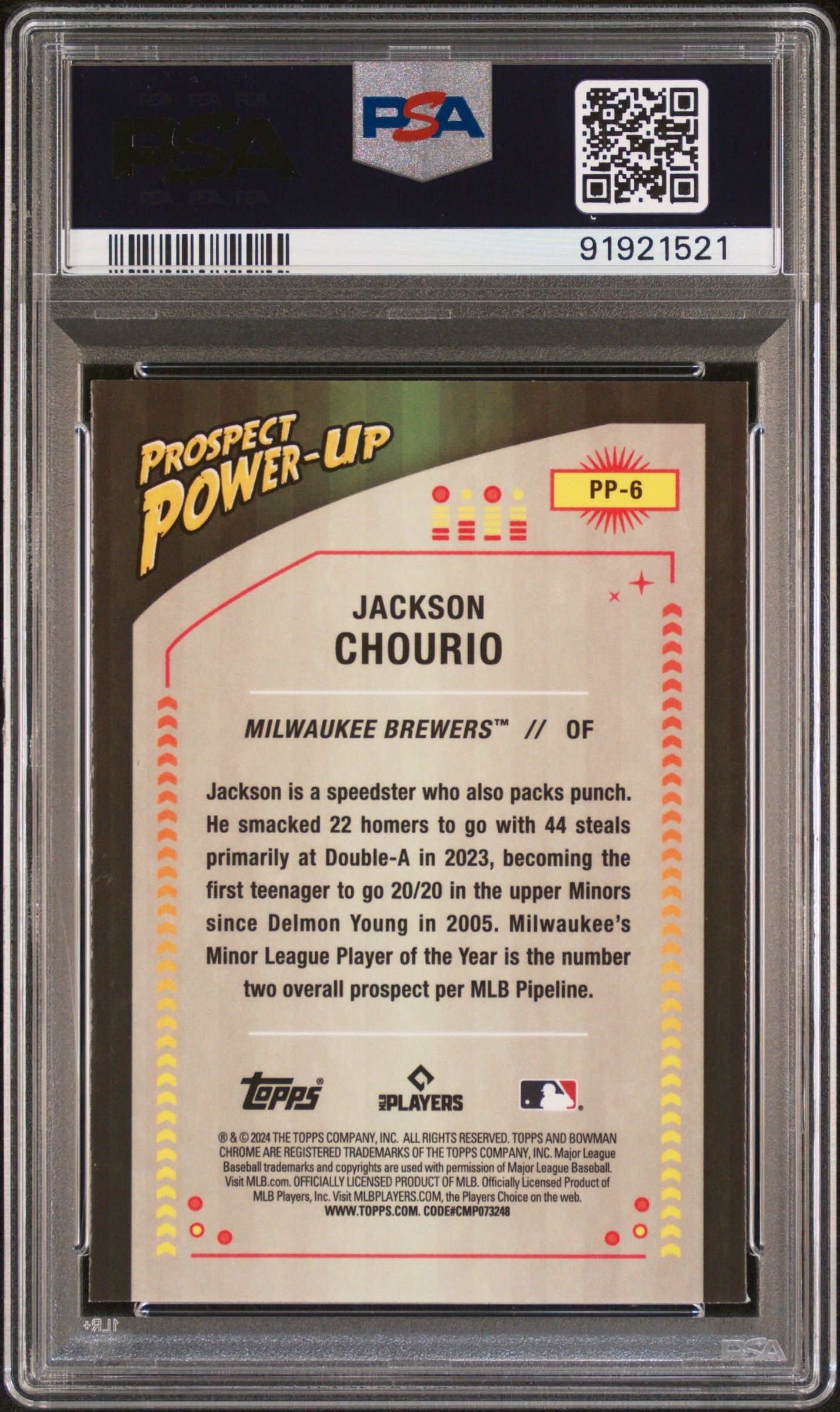Graded 2024 Topps Bowman Jackson Chourio #PP6 Prospect Power Up Rookie RC Baseball Card PSA 10 Gem Mint