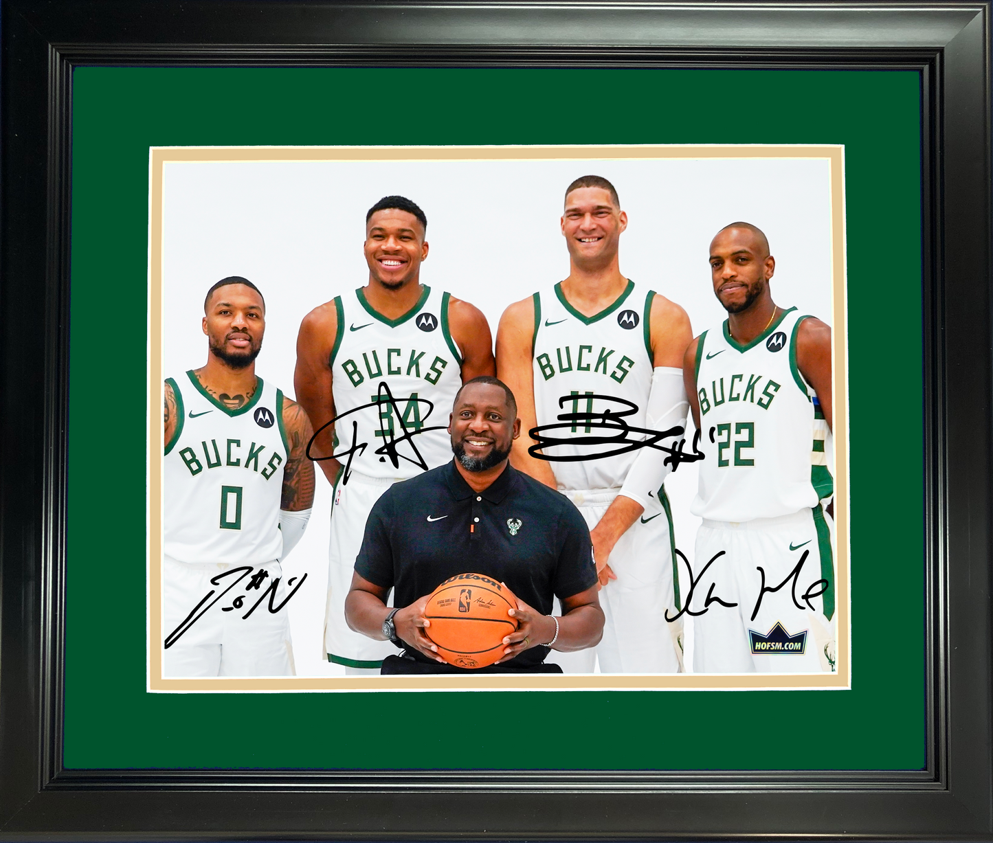 Framed Damian Lillard, Giannis Antetokounmpo, Brook Lopez & Khris Middleton Big 4 Facsimile Laser Engraved Signature Auto 11"x14" Basketball Photo HOFSM Holo
