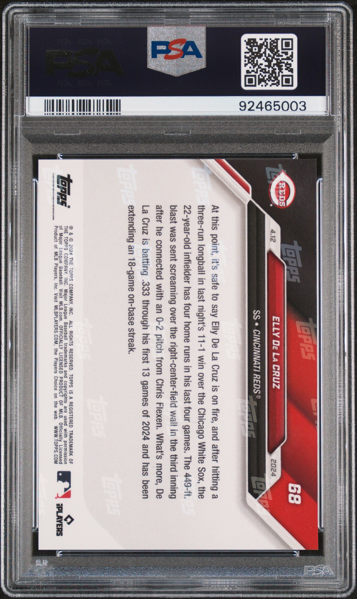 Graded 2024 Topps Now Elly De La Cruz #68 Purple #/25 Rookie RC Baseball Card PSA 10 Gem Mint