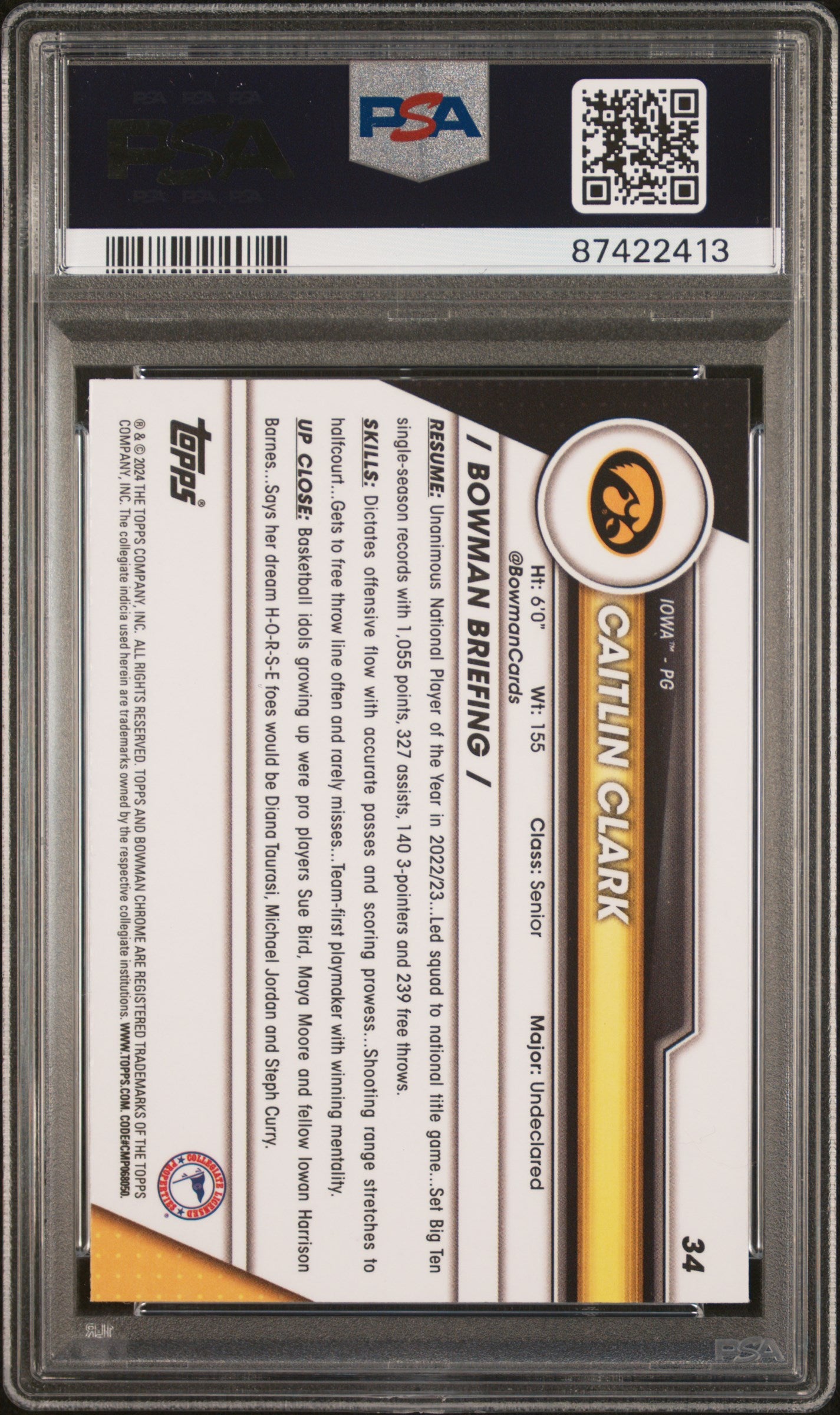 Graded 2023 Topps Bowman U Chrome Caitlin Clark #34 Xfractor Rookie RC Basketball Card PSA 10 Gem Mint