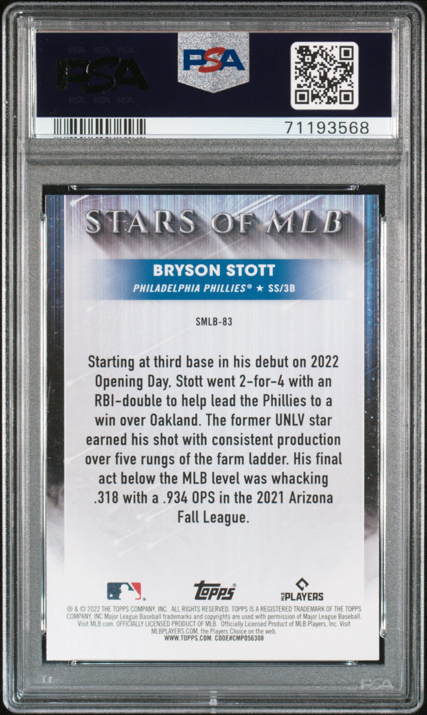 Graded 2022 Topps Bryson Stott #SMLB83 Stars of MLB Update Rookie RC Baseball Card PSA 10 Gem Mint