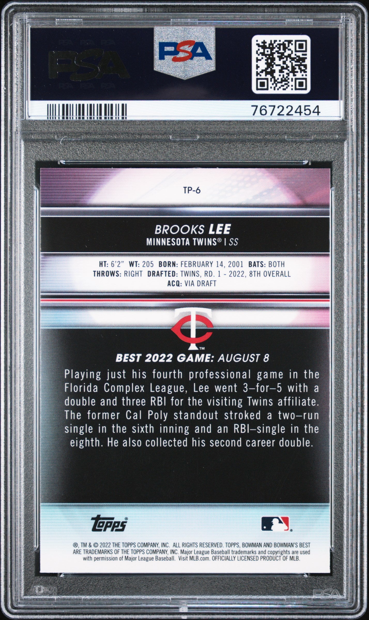 Graded 2022 Topps Bowmans Best Brooks Lee #TP6 Top Prospects Rookie RC Baseball Card PSA 10 Gem Mint