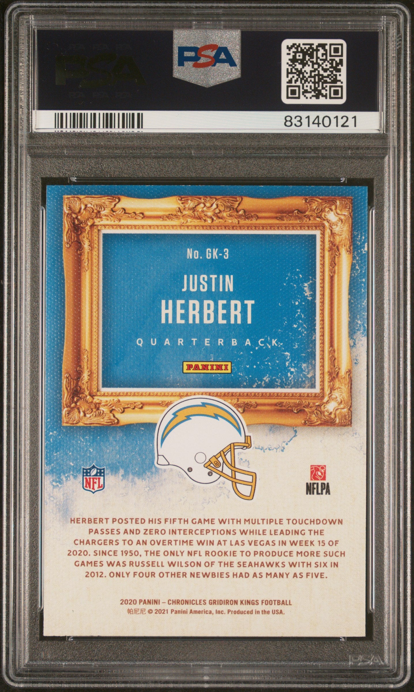 Graded 2020 Panini Chronicles Justin Herbert #GK3 Pink Rookie RC Football Card PSA 10 Gem Mint