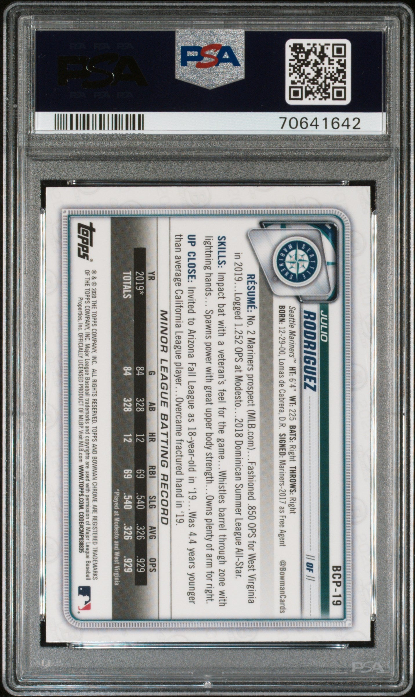 Graded 2020 Topps Bowman Chrome Julio Rodriguez #BCP19 Mega Box Rookie RC Baseball Card PSA 10 Gem Mint