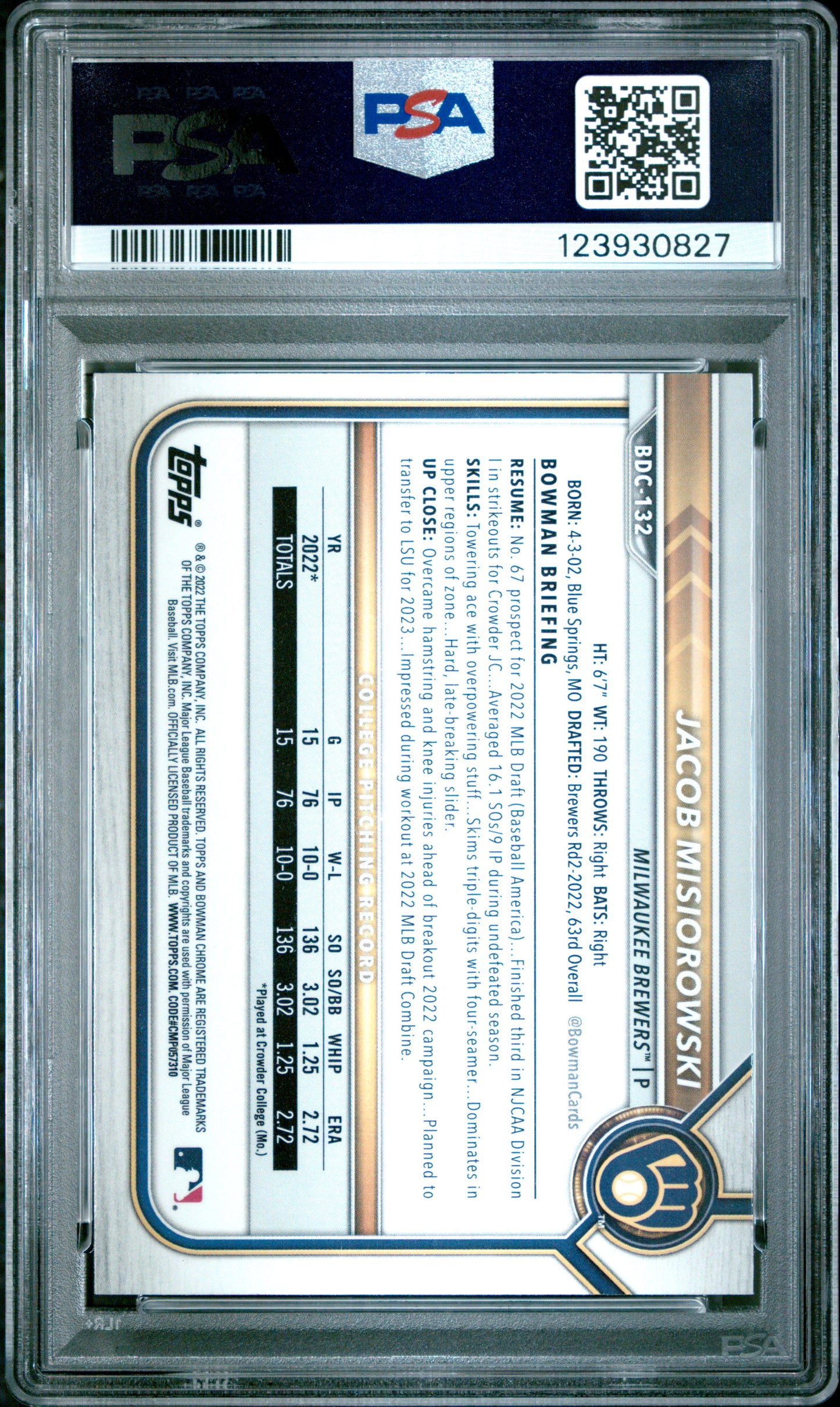 Graded 2022 Topps Bowman Draft Jacob Misiorowski #BDC132 Chrome Rookie RC Baseball Card PSA 9 Mint