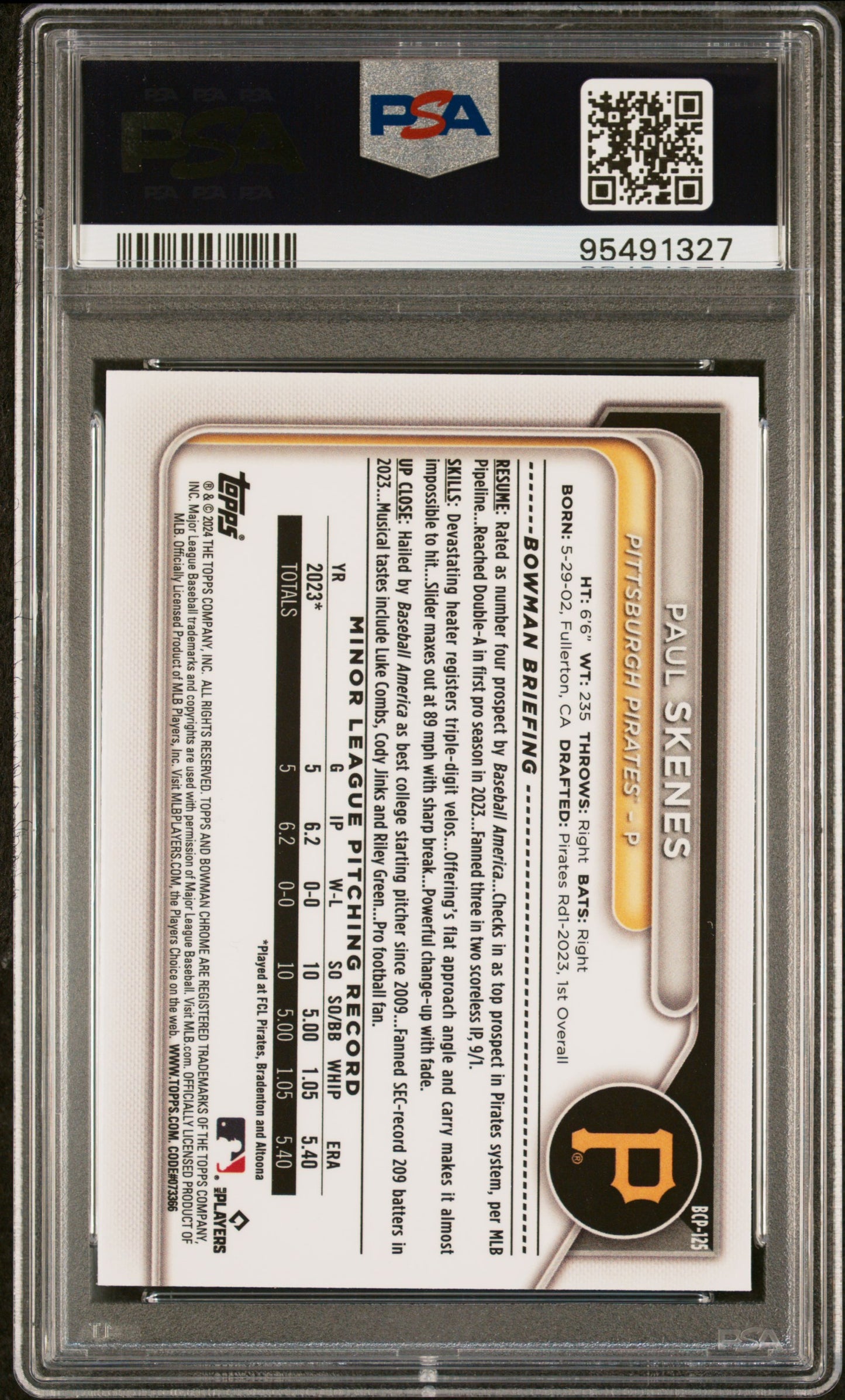 Graded 2024 Topps Bowman Mega Box Paul Skenes #125 Chrome Prospects Rookie RC Baseball Card PSA 10 Gem Mint