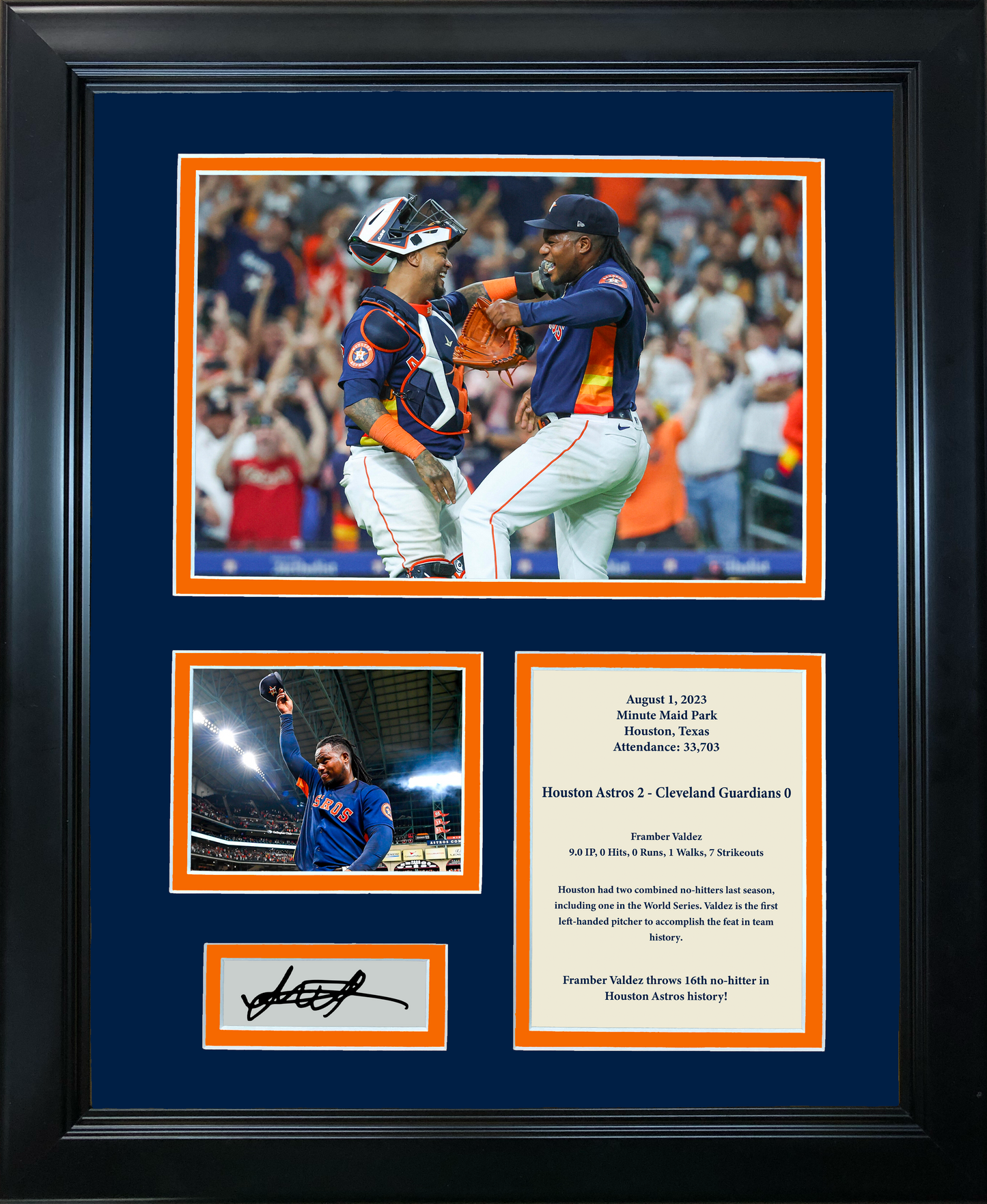Framed Framber Valdez 2023 No-Hitter vs Cleveland Guardians Facsimile Laser Engraved Signature Auto 11"x14" Baseball Photo Sig Collage