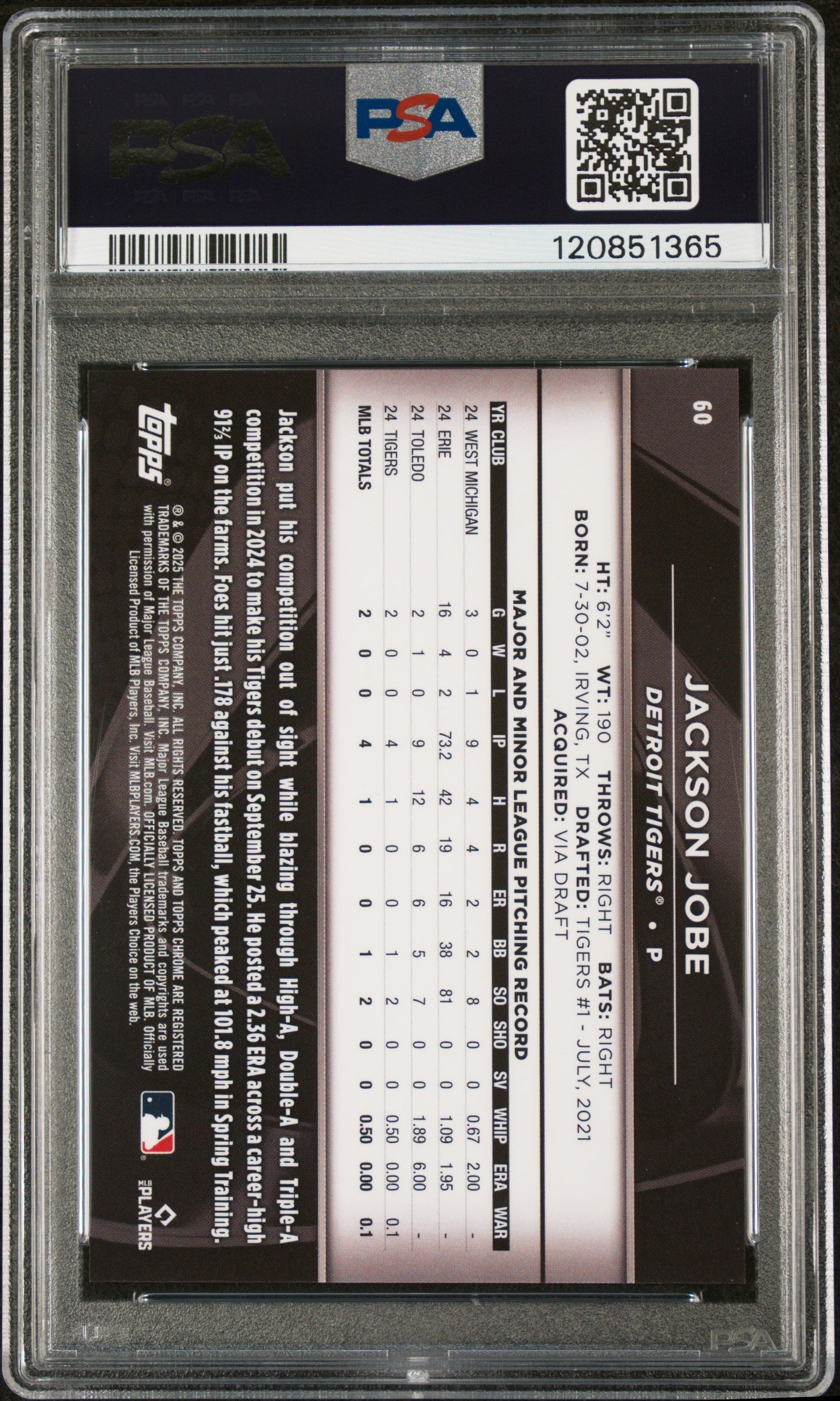 Graded 2025 Topps Chrome Black Jackson Jobe #60 Blue Lava /150 Rookie RC Baseball Card PSA 10 Gem Mint