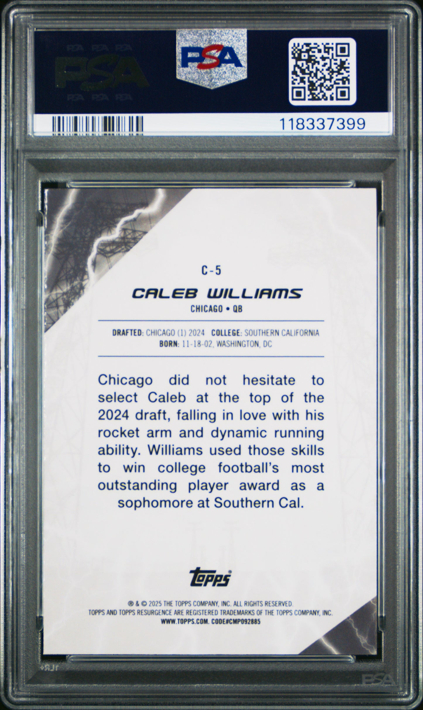 Graded 2024 Topps Resurgence Caleb Williams #C5 Conductors Rookie RC Football Card PSA 10 Gem Mint