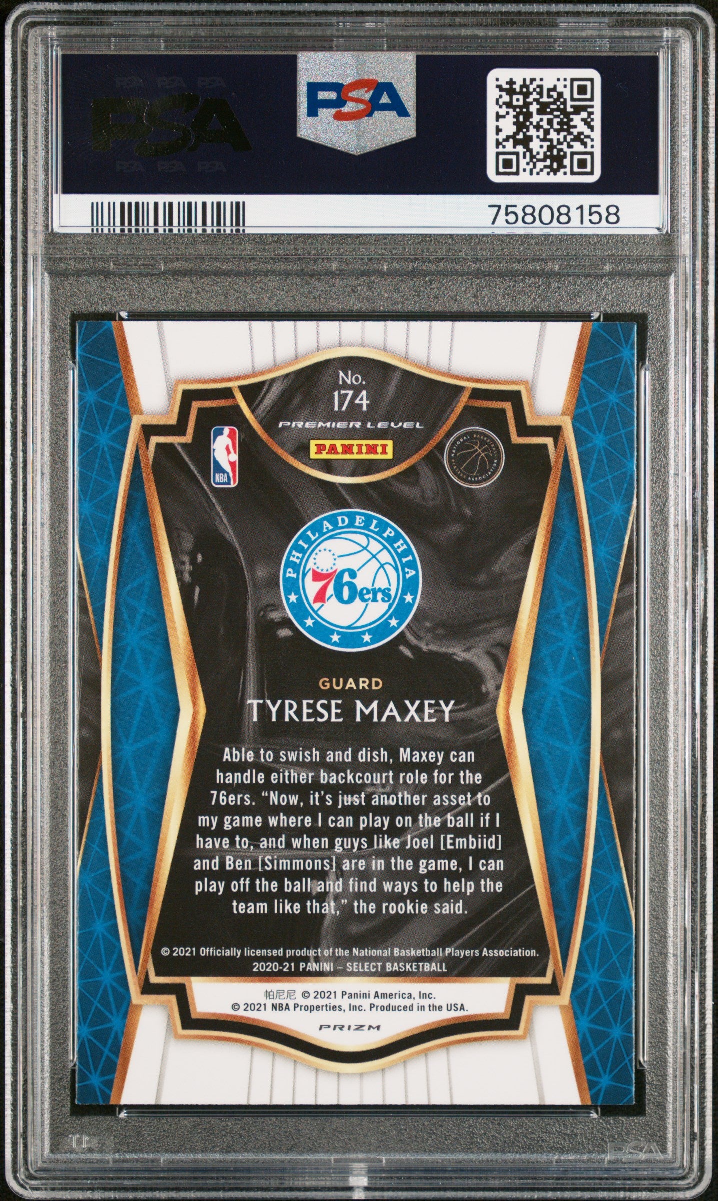 Graded 2020 Panini Select Tyrese Maxey #174 Scope Prizm Rookie RC Basketball Card PSA 10 Gem Mint