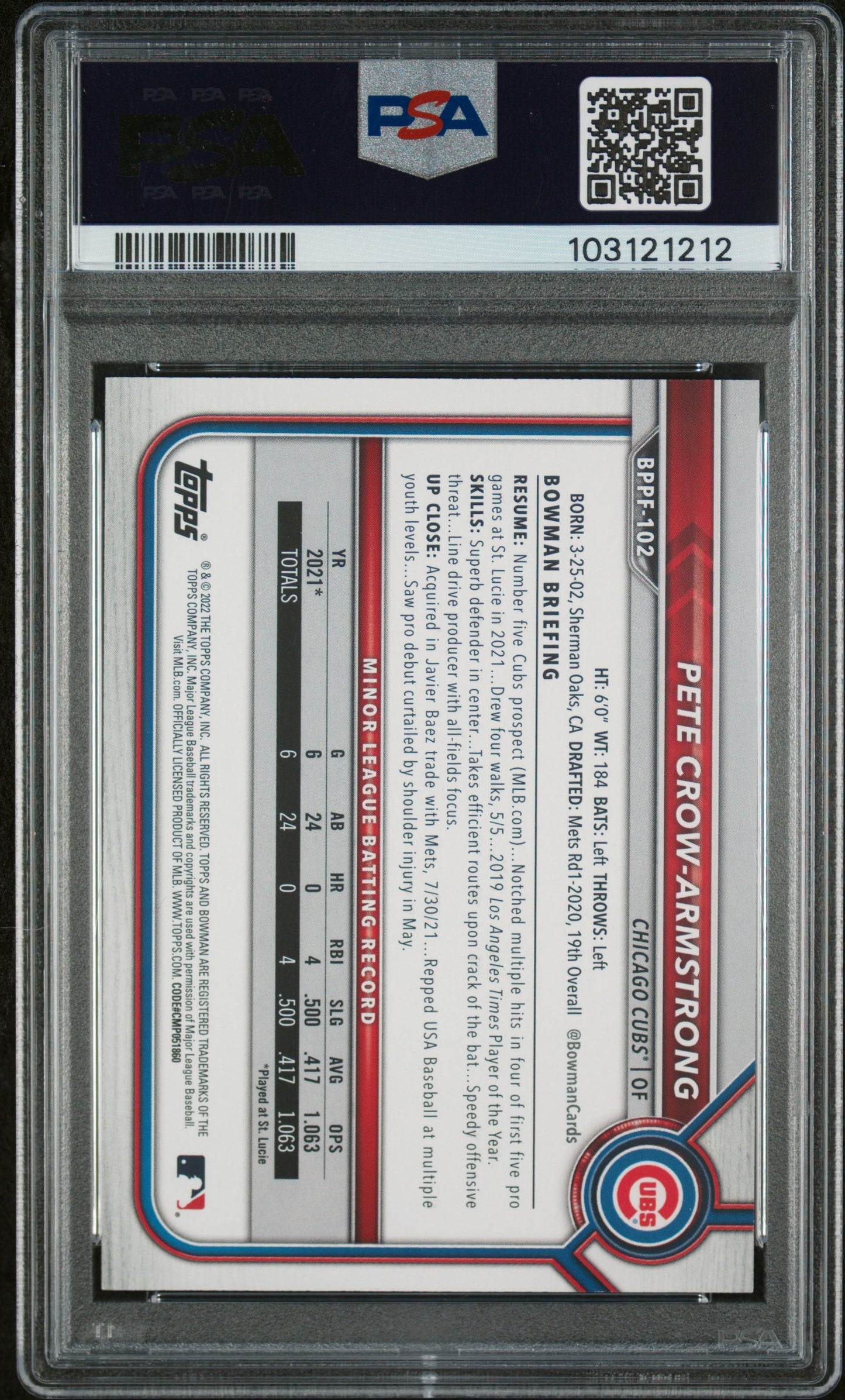Graded 2022 Topps Bowman 1st Edition Pete Crow Armstrong #BPPF102 Sky Blue Foil Rookie RC Baseball Card PSA 10 Gem Mint