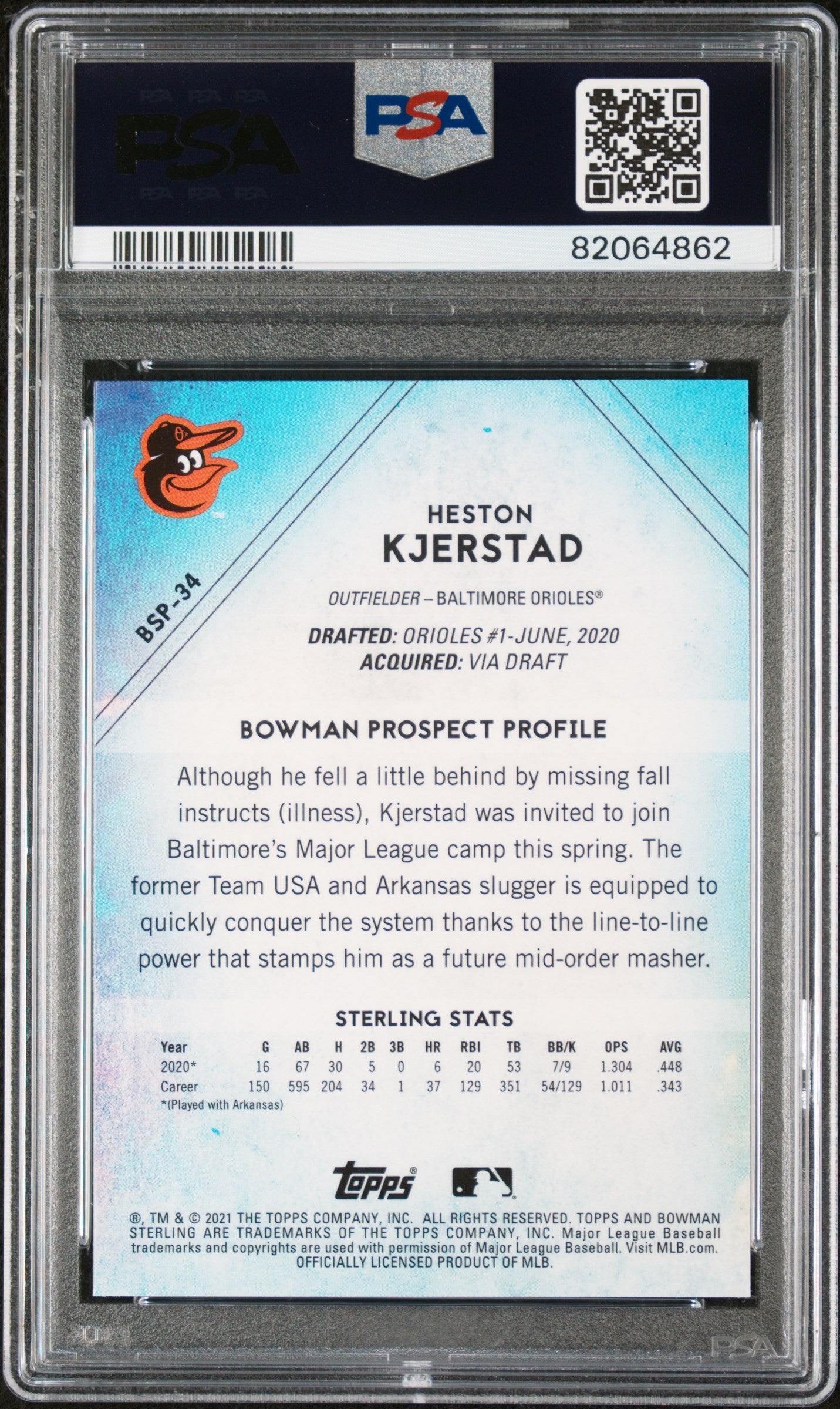 Graded 2021 Topps Bowman Sterling Heston Kjerstad #BSP34 Rookie RC Baseball Card PSA 10 Gem Mint