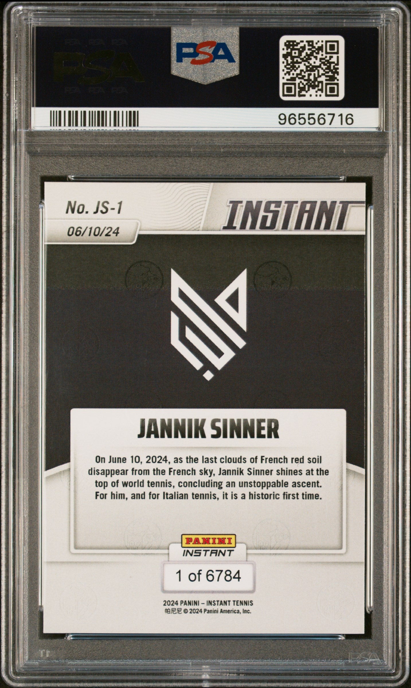 Graded 2024 Panini Instant Jannik Sinner #JS1 Paris Crowns The New World Number 1 Rookie RC Tennis Card PSA 10 Gem Mint