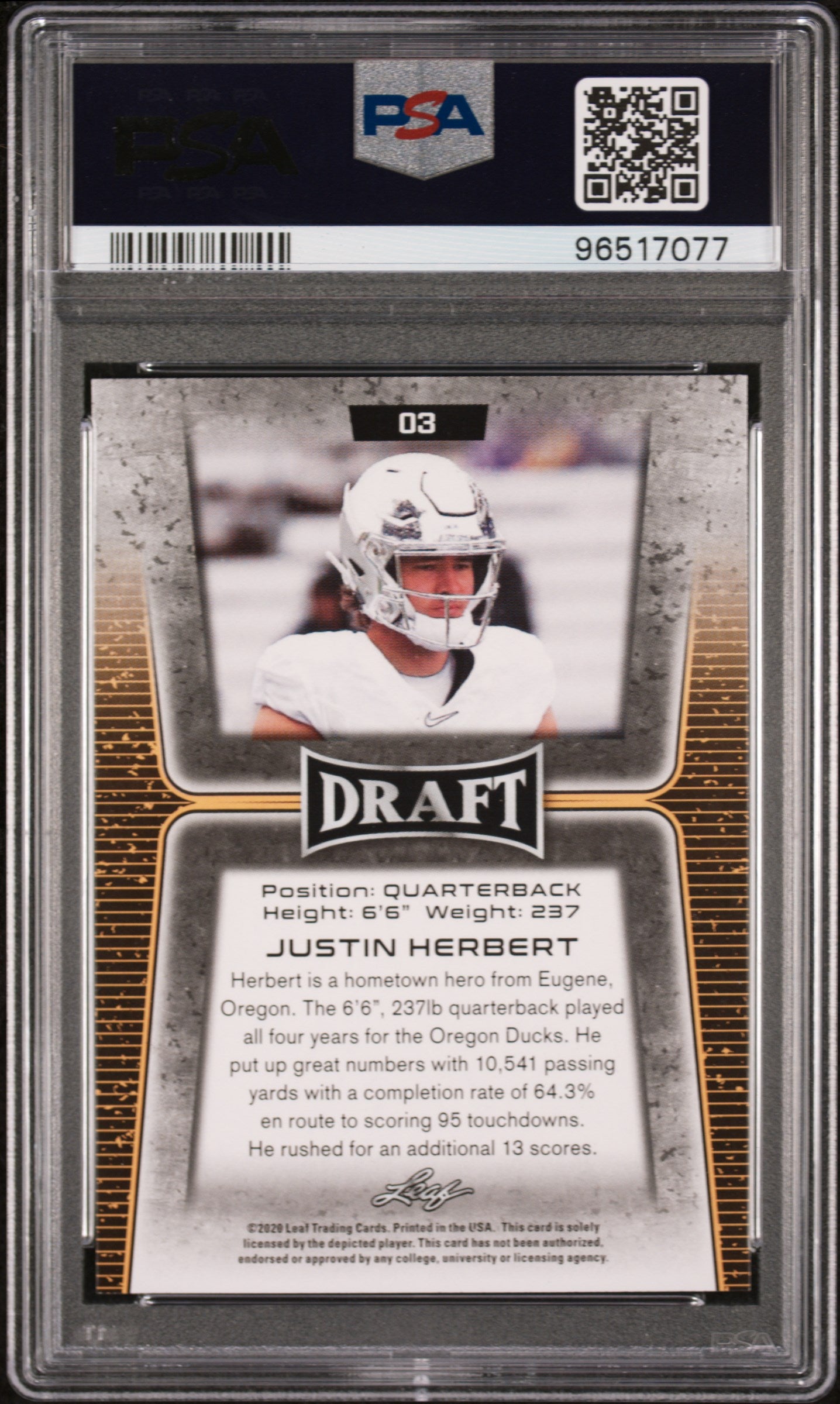 Graded 2020 Leaf Draft Justin Herbert #3 Gold Rookie RC Football Card PSA 10 Gem Mint