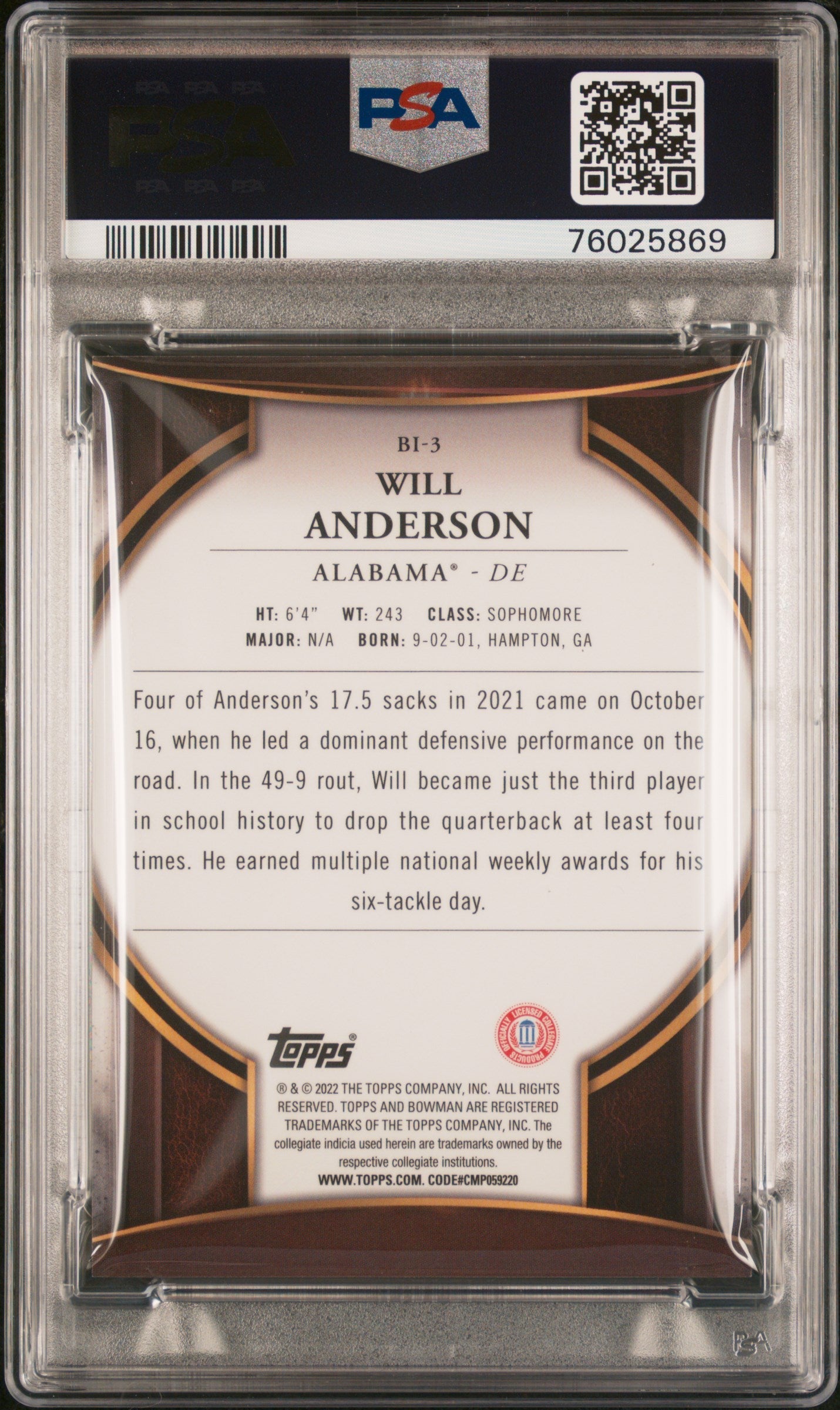 Graded 2022 Topps Bowman University Will Anderson #BI3 Bowman Invicta Rookie RC Football Card PSA 10 Gem Mint