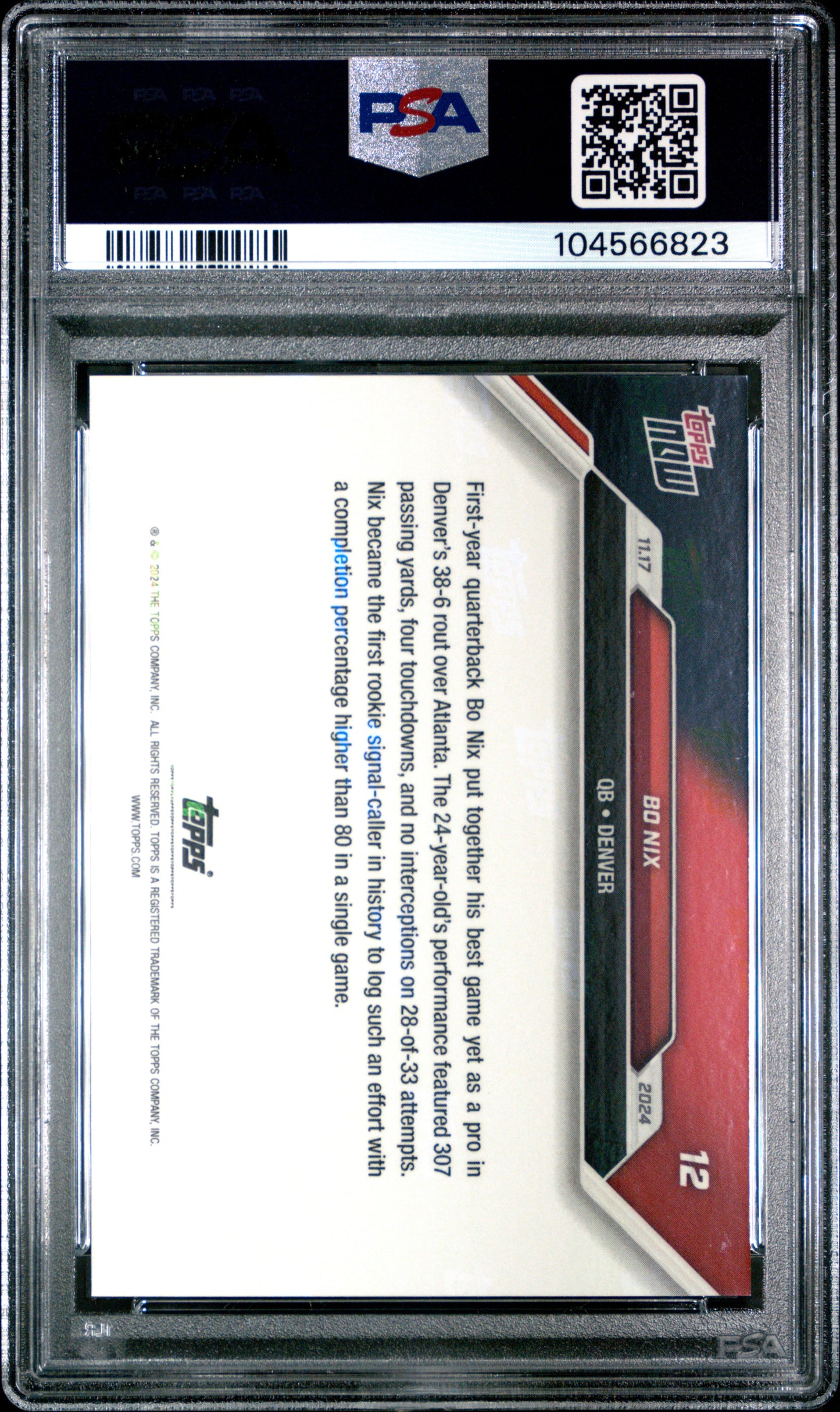 Graded 2024 Topps Now Bo Nix #12 1st Career 4TD, 300 Yard Passing Game Rookie RC Football Card PSA 10 Gem Mint
