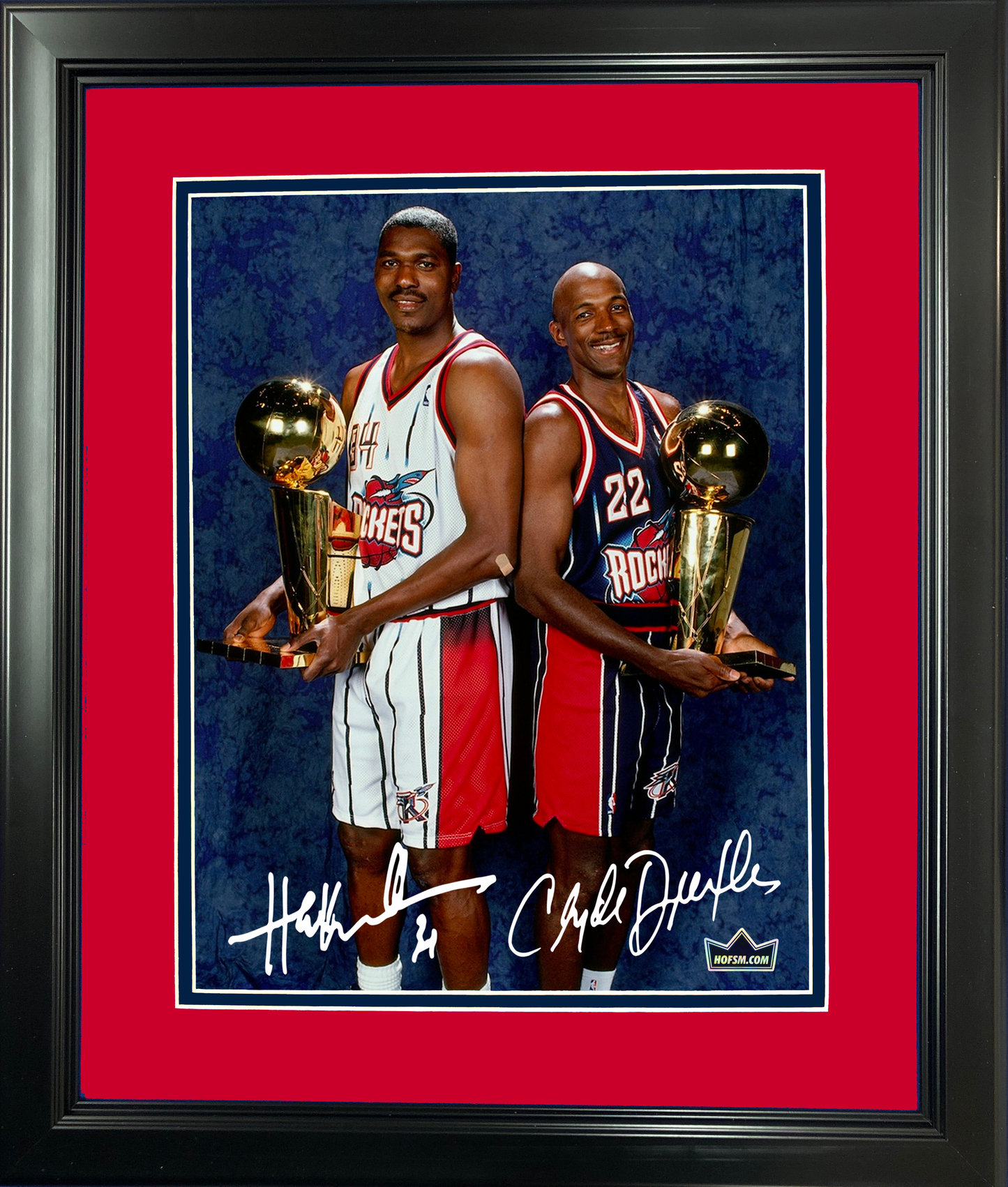 Framed Hakeem Olajuwon & Clyde Drexler Dual Facsimile Laser Engraved Signature Auto 11"x14" Basketball Photo HOFSM Holo