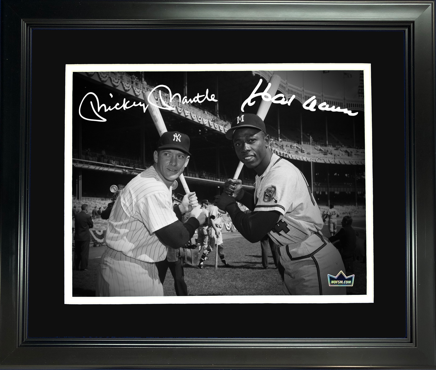 Framed Hank Aaron & Mickey Mantle Dual Facsimile Laser Engraved Signature Auto 11"x14" Baseball Photo HOFSM Holo