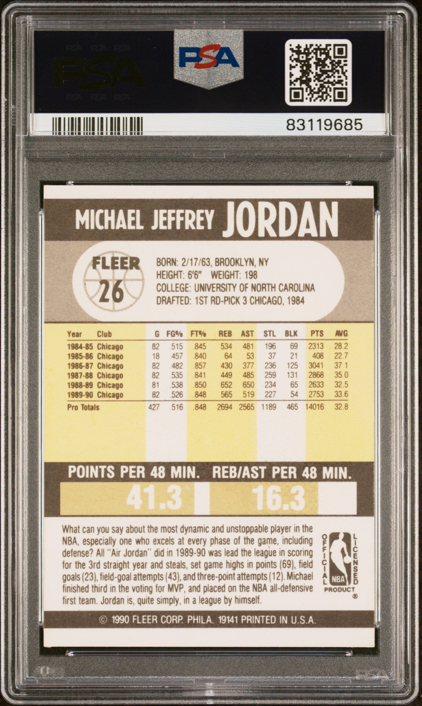 Graded 1990 Fleer Michael Jordan #26 Basketball Card PSA 9ST Mint