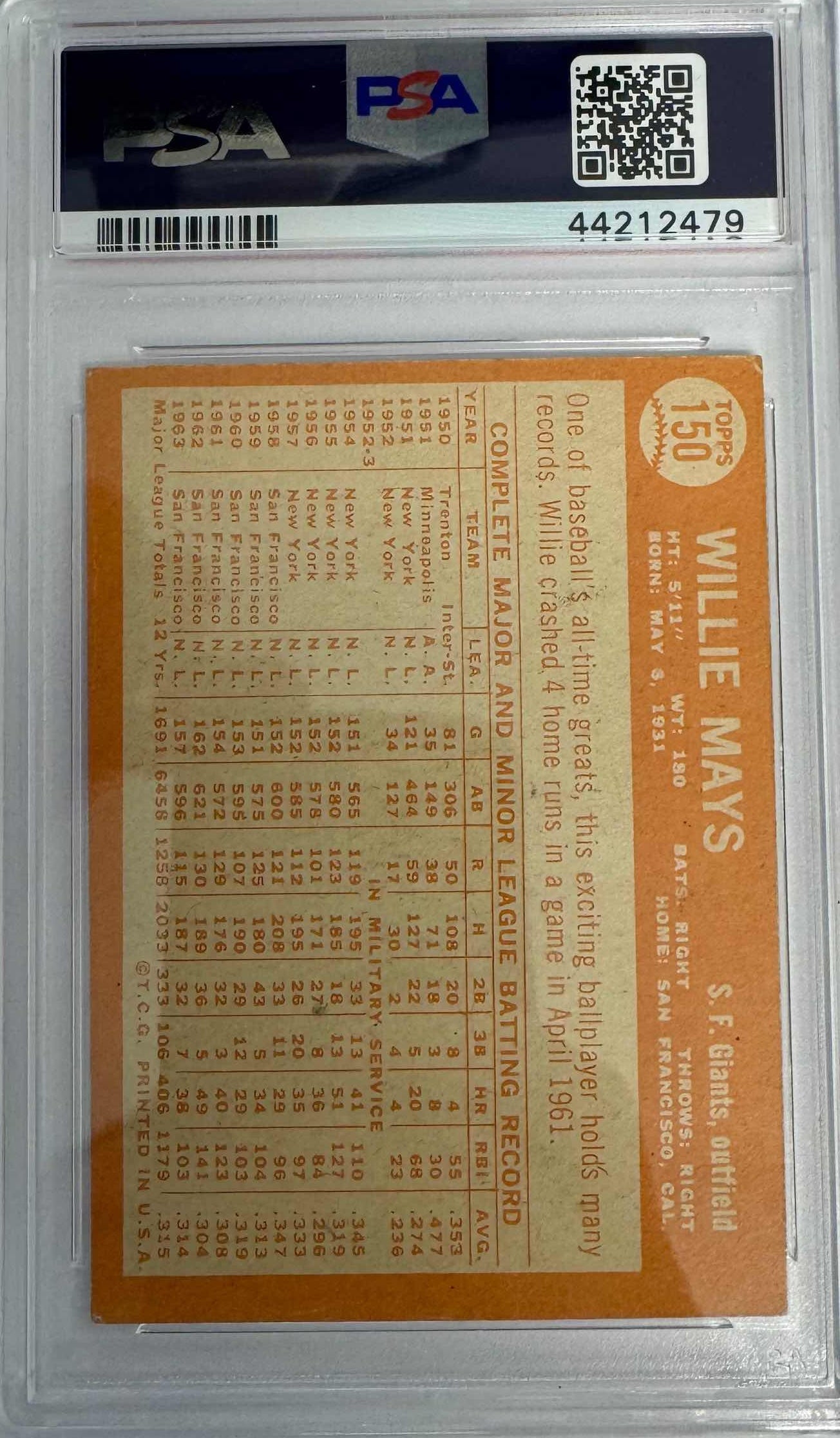 Graded 1964 Topps Willie Mays #150 Baseball Card PSA 5 Excellent