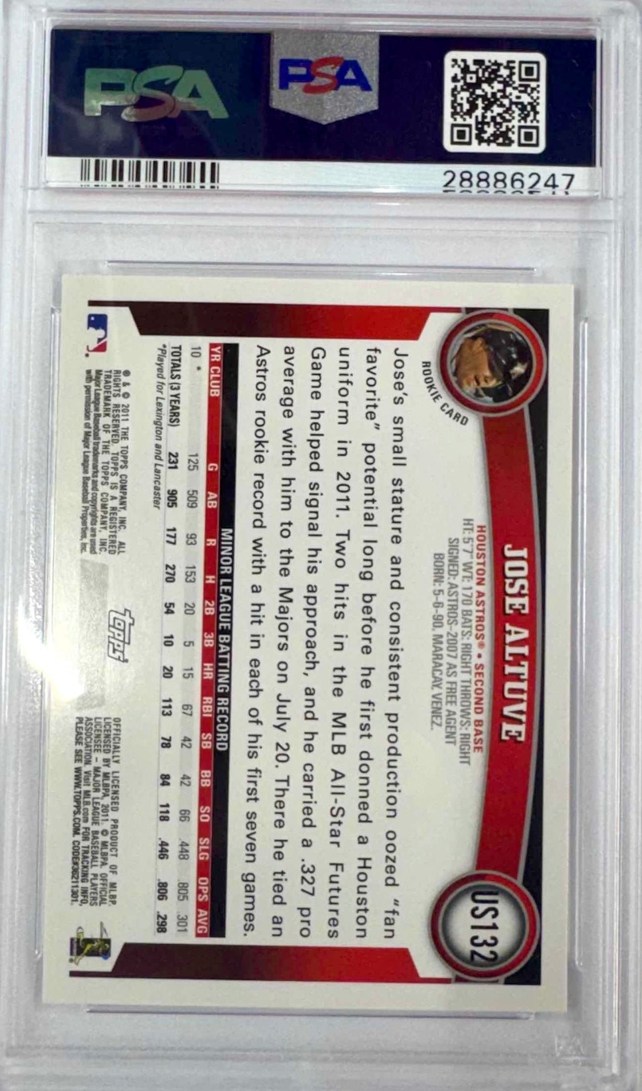 Graded 2011 Topps Update Jose Altuve #US132 Rookie RC Baseball Card PSA 10 Gem Mint