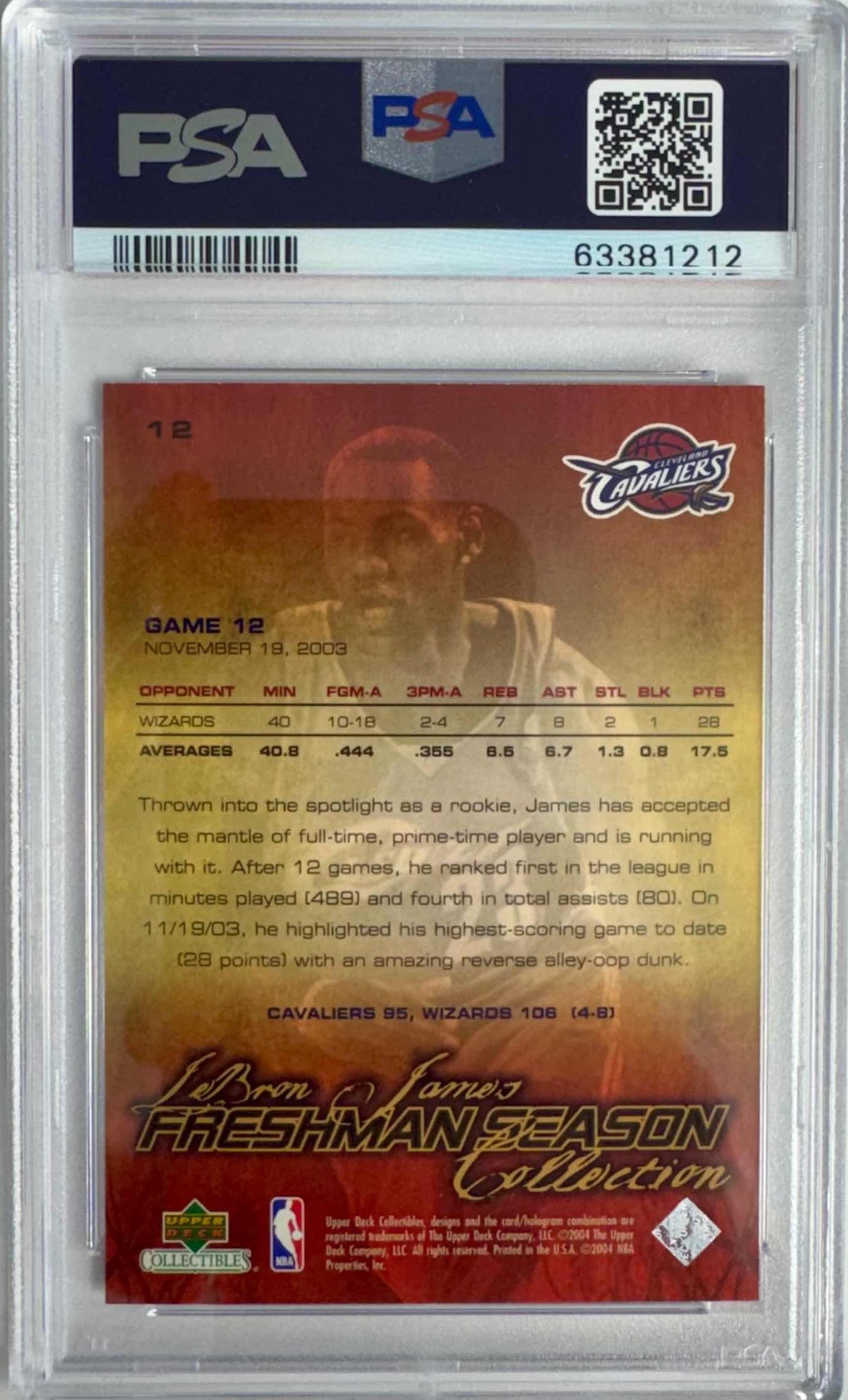 Graded 2003 Upper Deck Collectibles LeBron James #12 Freshman Season Rookie RC Basketball Card PSA 10 Gem Mint