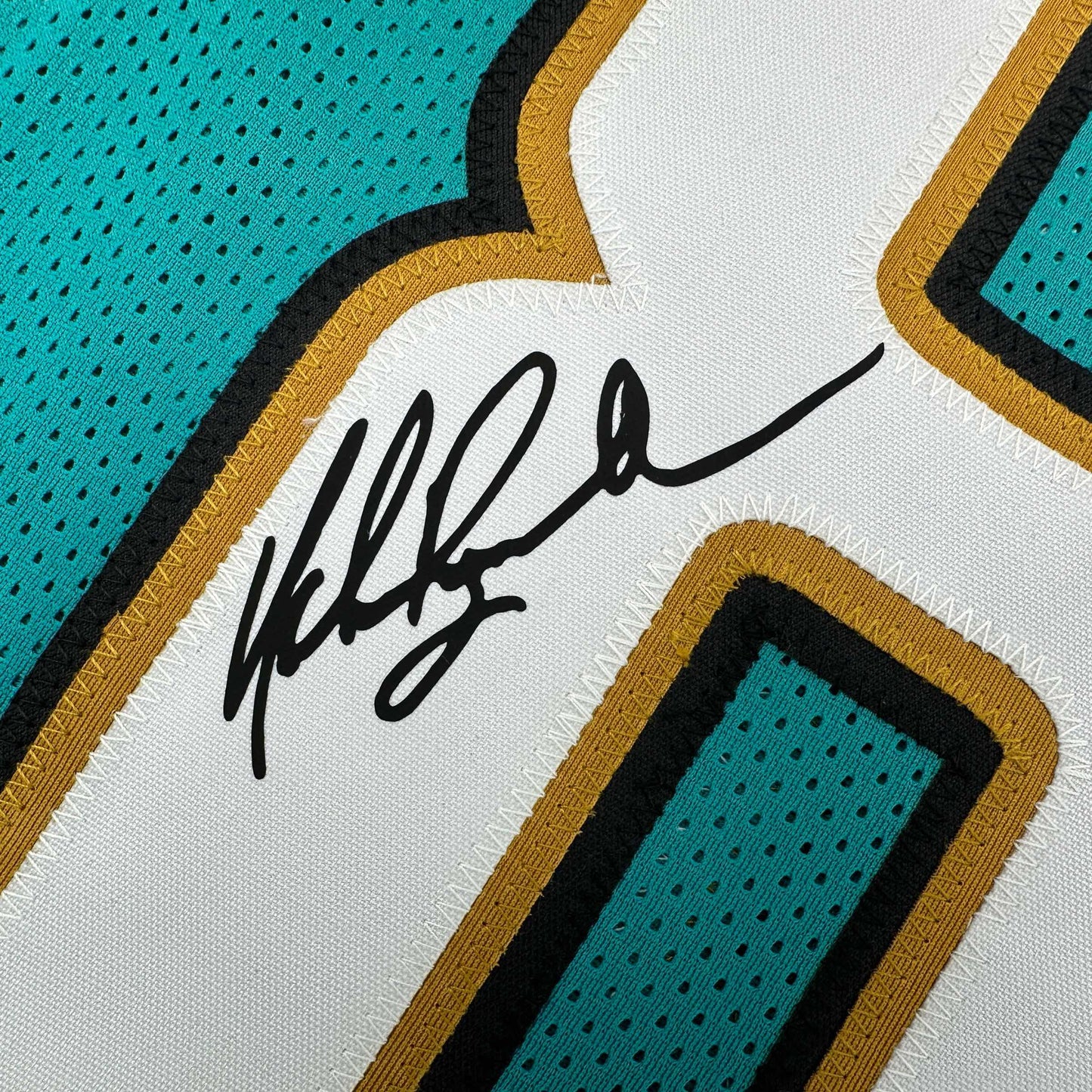 Framed Facsimile Autographed Mark Brunell 35x39 Jacksonville Teal Reprint Laser Auto Football Jersey