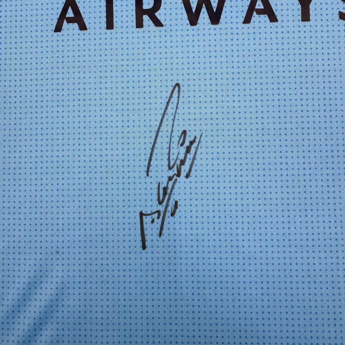 Framed Autographed/Signed Sergio Kun Aguero 35x39 Manchester City Blue Soccer Futbol Jersey Beckett BAS COA #2