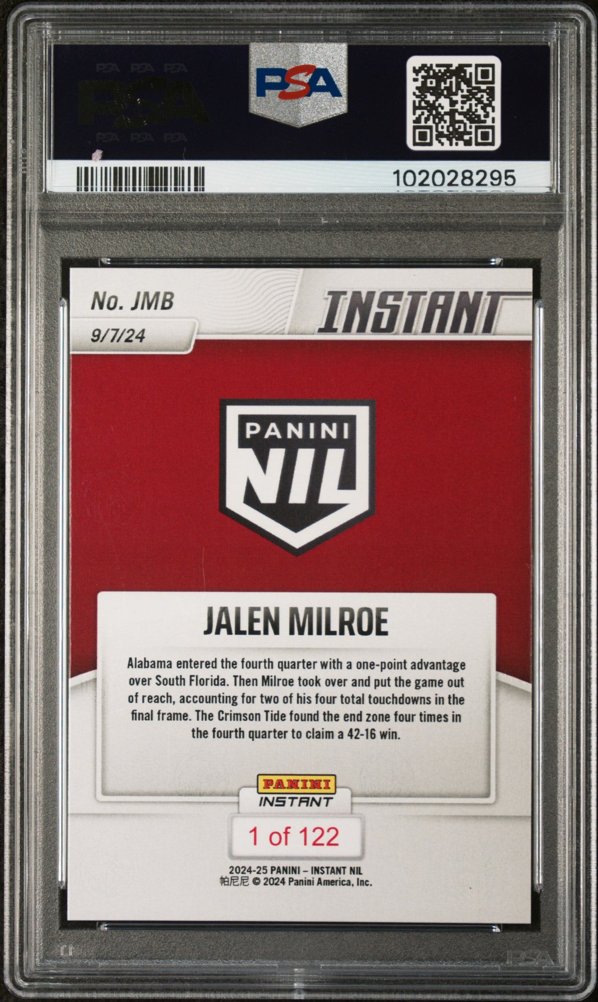 Graded 2024 Panini Instant NIL Jalen Milroe #JMB Rookie RC Football Card PSA 9 Mint
