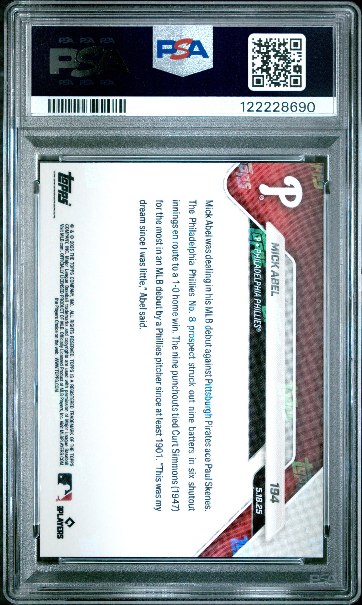 Graded 2025 Topps Now Mick Abel #194 Gold Foil /50 Rookie Baseball Card PSA 9 Mint