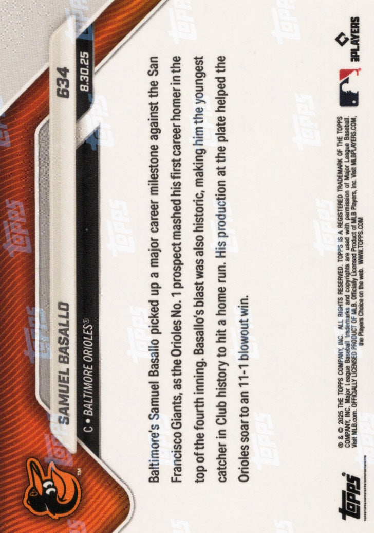 2025 Topps Now Samuel Basallo #634 Orange Foil /25 Baltimore Orioles Rookie RC Baseball Card