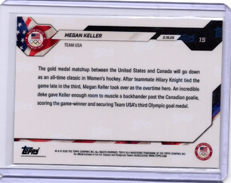 2026 Topps Now Olympics Megan Keller #15 Gold Foil /50 Team USA Hockey Card