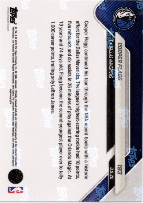 2025 Topps Now Cooper Flagg #193 Orange Foil /25 Dallas Mavericks Rookie RC Basketball Card