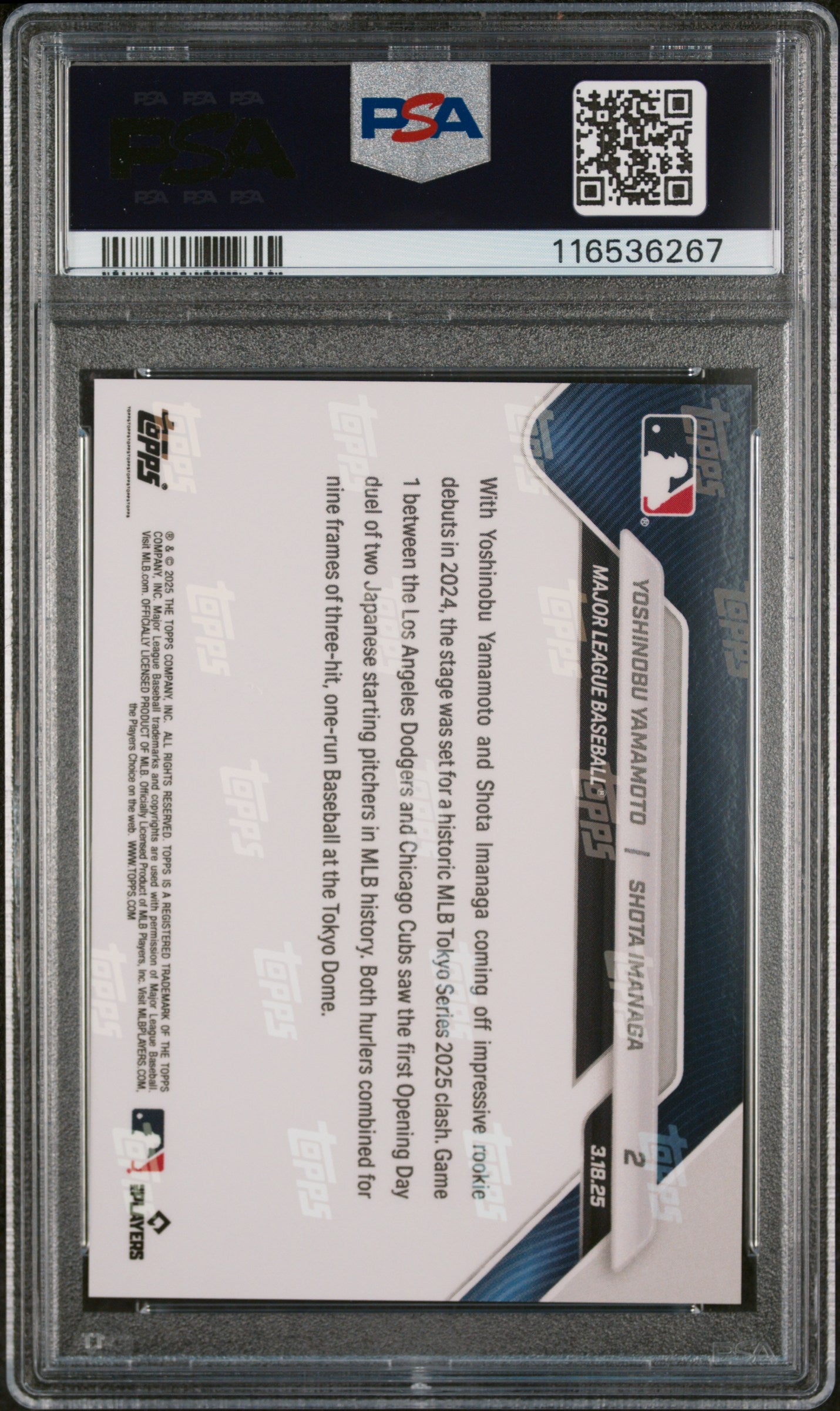 Graded 2025 Topps Now Yoshinobu Yamamoto/Shota Imanga #2 Baseball Card PSA 9 Mint