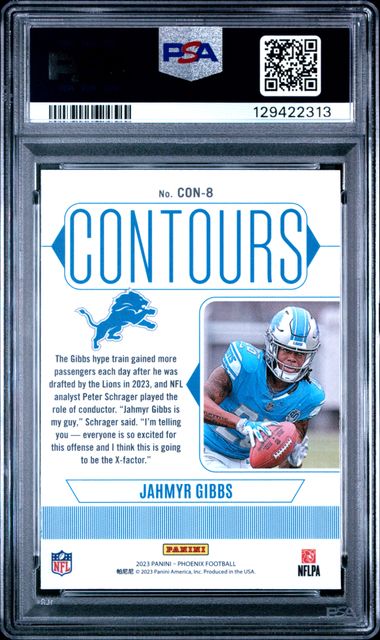 Graded 2023 Panini Phoenix Jahmyr Gibbs #CON8 Contours Silver Seismic Rookie RC Football Card PSA 10 Gem Mint