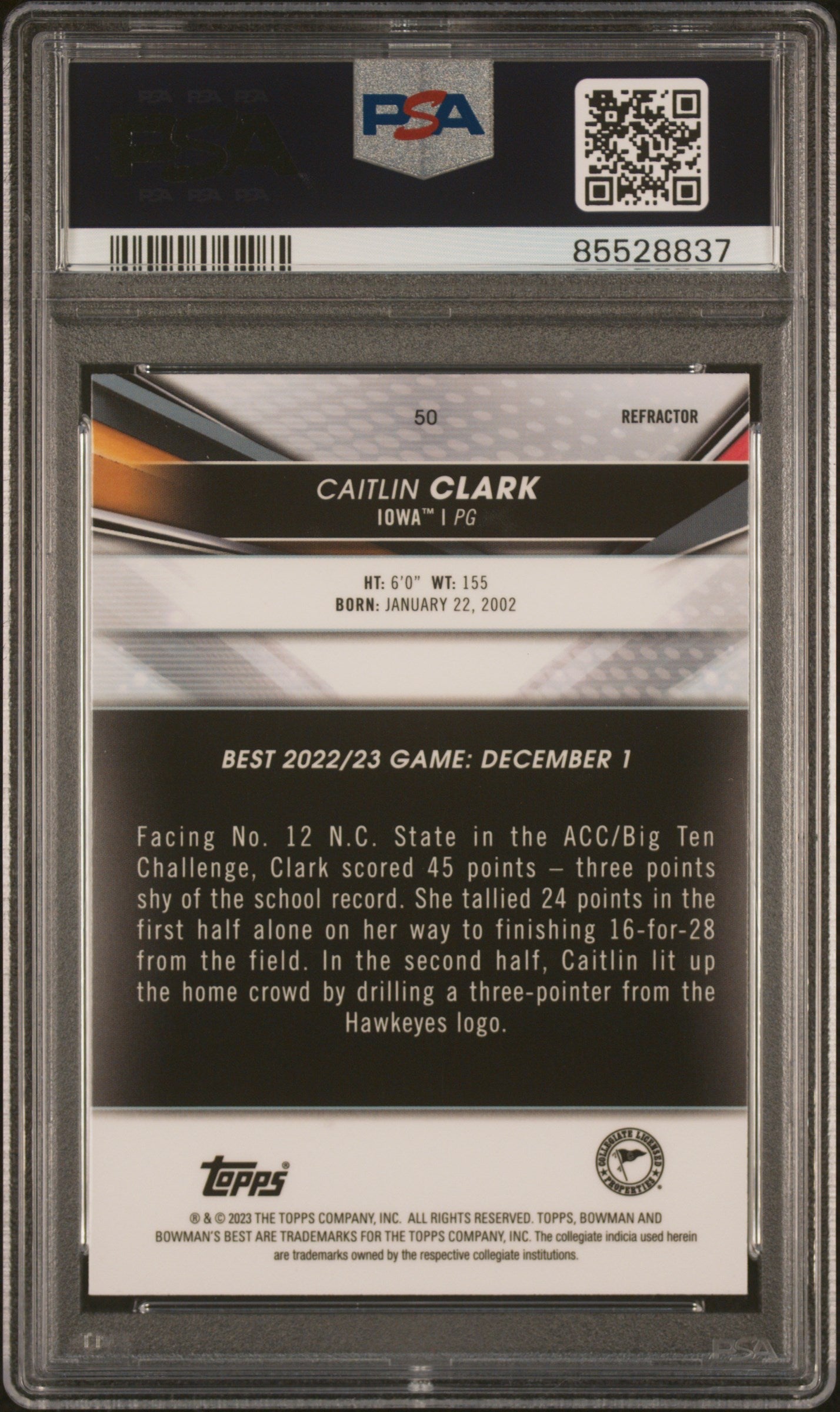 Graded 2022 Topps Bowman University Best Caitlin Clark #50 Refractor Rookie RC Basketball Card PSA 9 Mint
