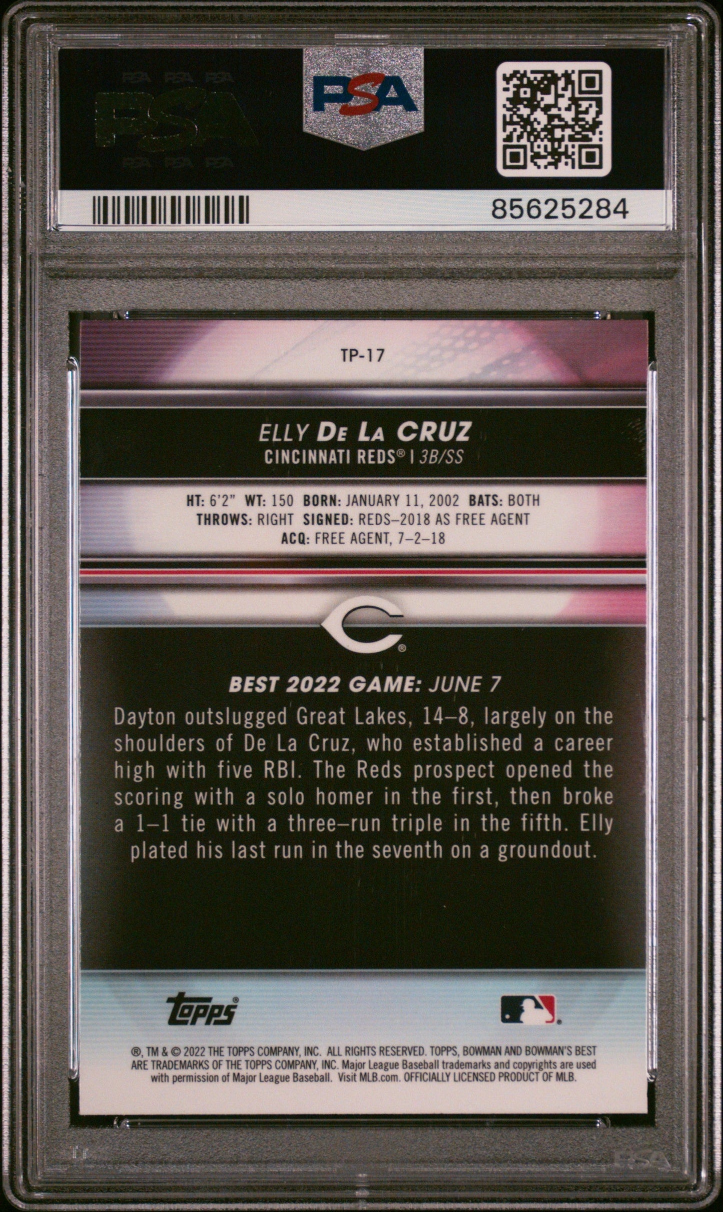 Graded 2022 Topps Bowmans Best Elly De La Cruz #TP17 Top Prospects Rookie RC Baseball Card PSA 9 Mint