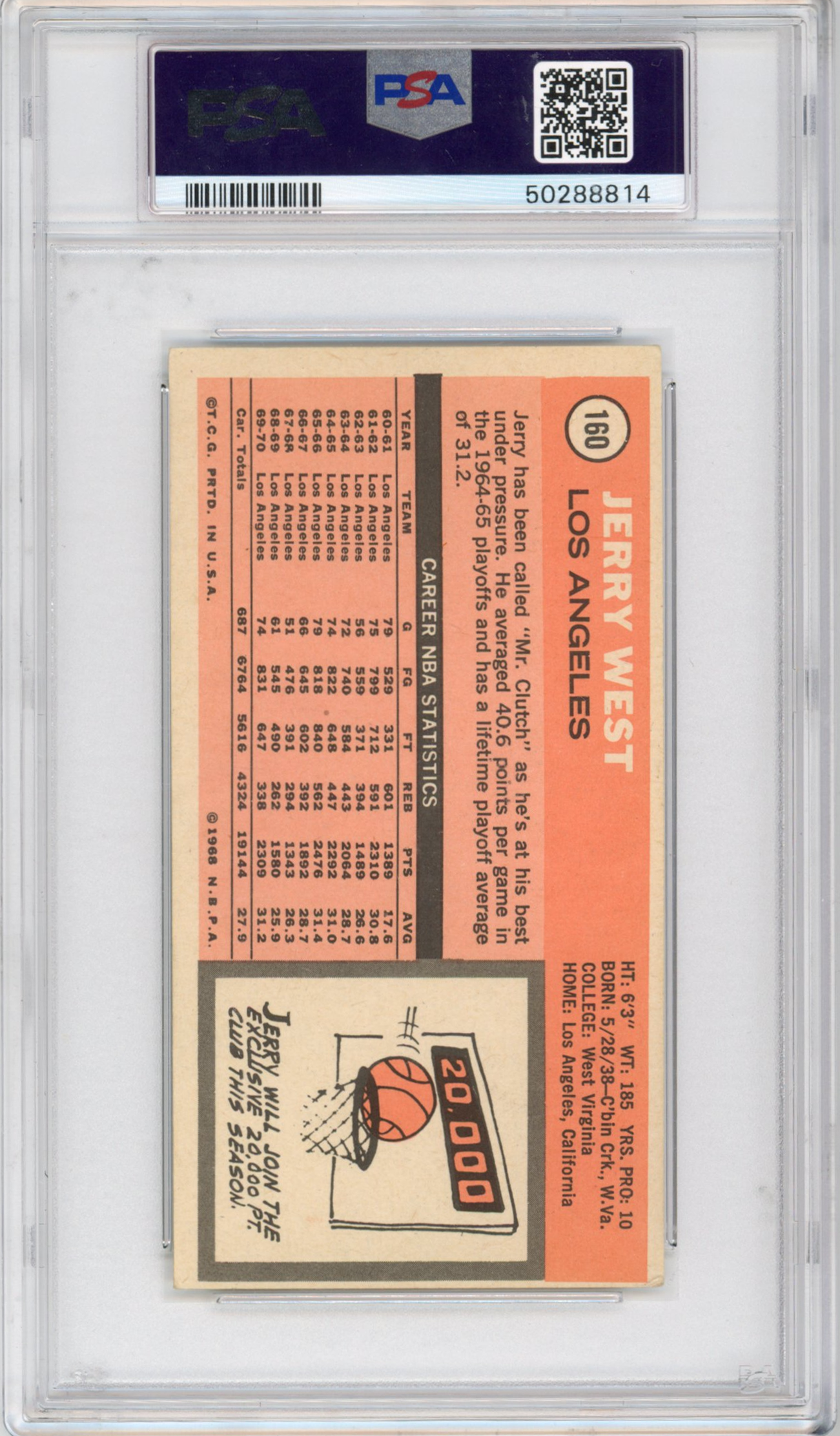 Graded 1970 Topps Jerry West #160 Basketball Card PSA 4 VG-EX
