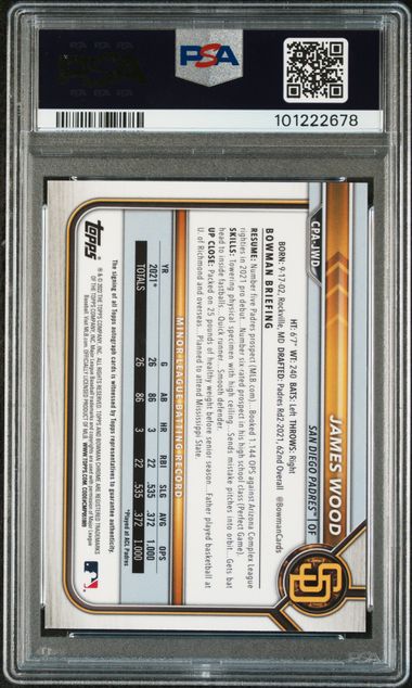 Graded 2022 Bowman Chrome James Wood #CPAJWD 1st Bowman Auto Rookie RC Baseball Card PSA 9 Mint
