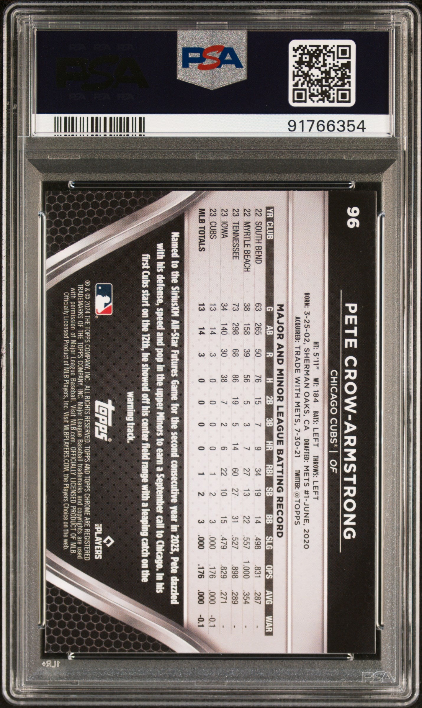 Graded 2024 Topps Chrome Black Pete Crow Armstrong #96 Rookie RC Baseball Card PSA 10 Gem Mint