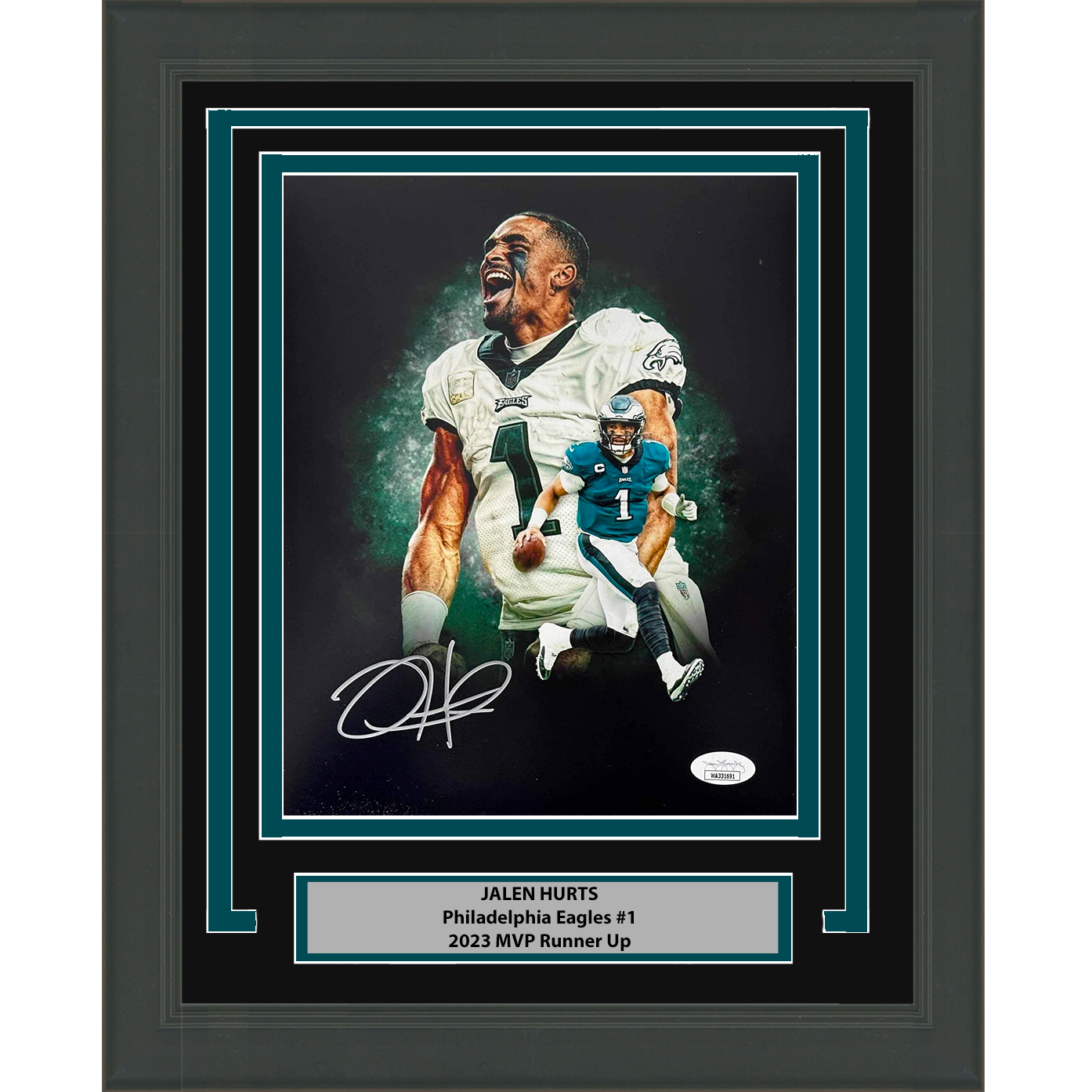 Framed Autographed/Signed Jalen Hurts Philadelphia Eagles 8x10 Football Photo JSA COA #1