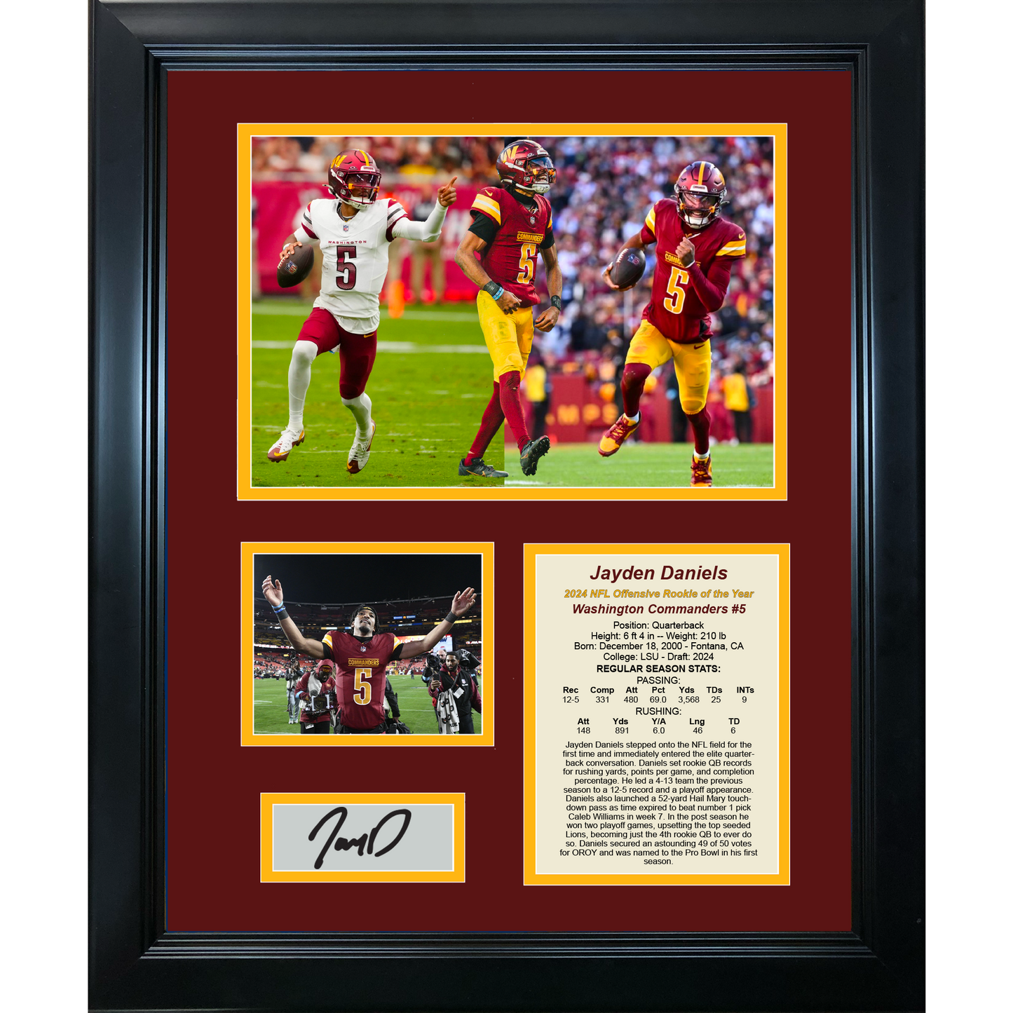Framed Jayden Daniels 2024 NFL Offensive Rookie of the Year Washington Commanders Facsimile Laser Engraved Signature Auto Football 11"x14"Photo Sig Collage
